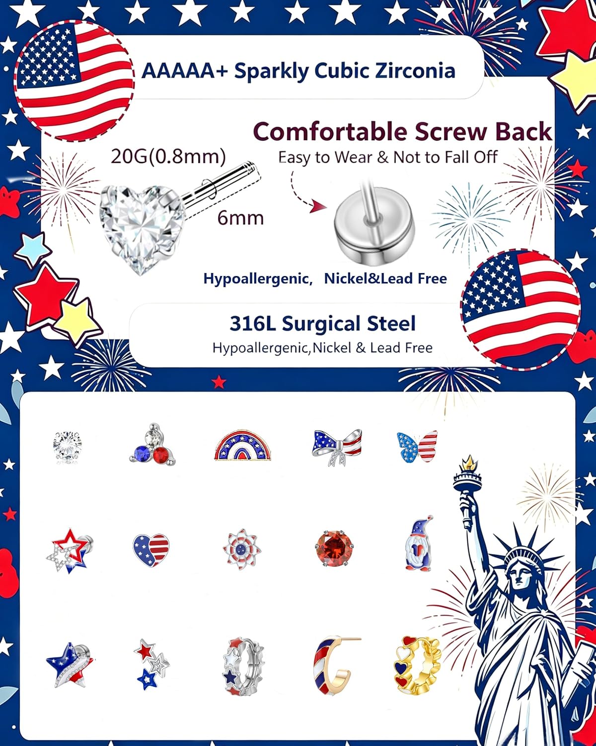 4th of July Patriotic Earrings for Women Girls kids - 15 Pairs American Flag Red White and Blue Flat Back Stud Earrings for Independence Day Memorial Day,4 Year Old+