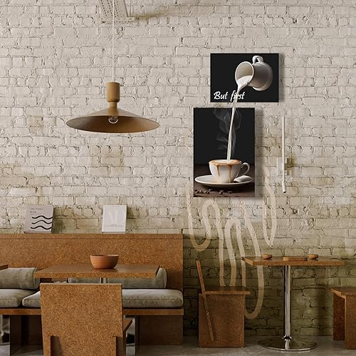 Miniatura 4 de Nekiwa Letrero con texto en inglés But First Coffee, decoración de pared de barra de café, lienzo de cocina moderno para comedor, marco de 2 paneles