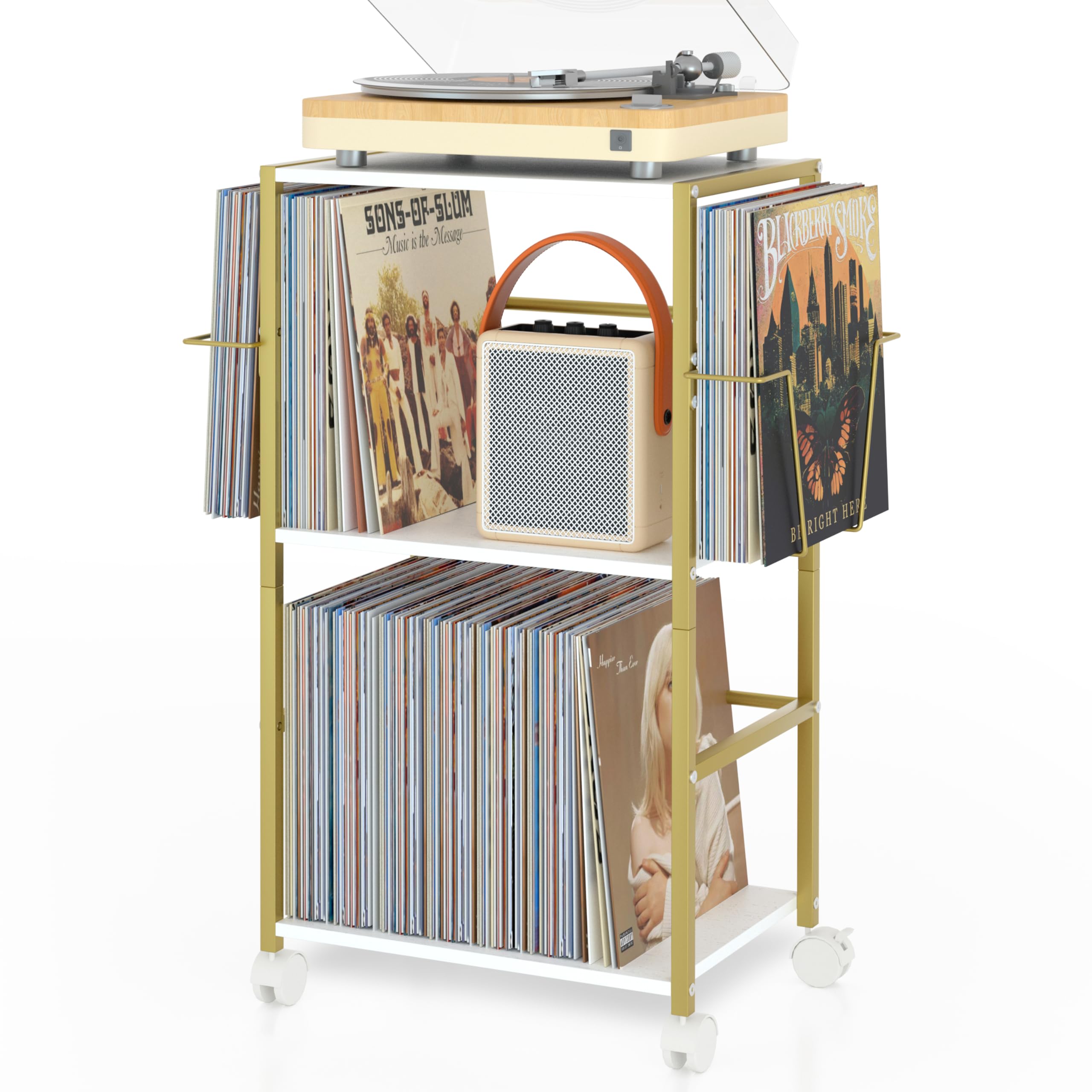 Bikoney Plattenspieler Ständer Rollender Beistelltisch mit Großem Schallplattenständer Vinyl Ständer Wagen für Bis zu 150 Alben Plattenhalter Plattenspieler Tisch mit 2 Vinyl Displays, Gold