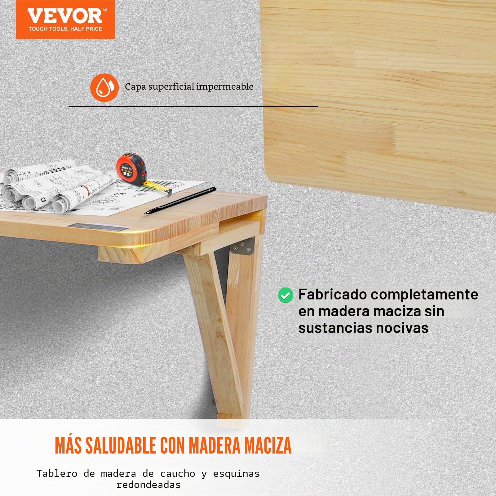 VEVOR Mesa Plegable de Pared, 800 x 600 x 298 mm, Escritorio Flotante de Madera con Soporte de Hierro, Mesa Plegable para Espacios Pequeños, Oficina en Casa, Comedor, Cuarto de Lavado, Cocina, Bar