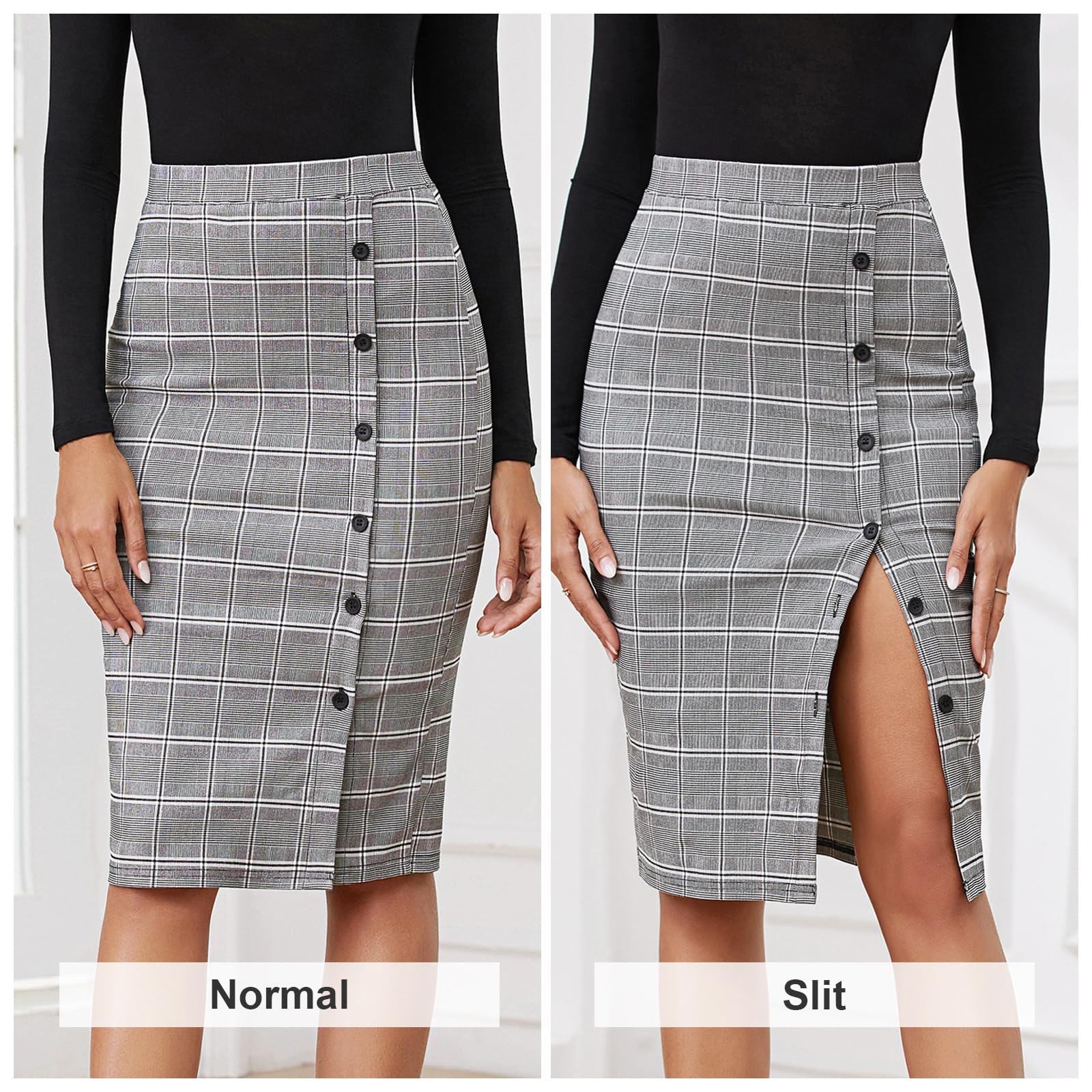 Byinns Women's 2025 High Waist Pencil Skirt Button Slit Work Skirts Plaid Business Bodycon Midi Skirt Knee Length