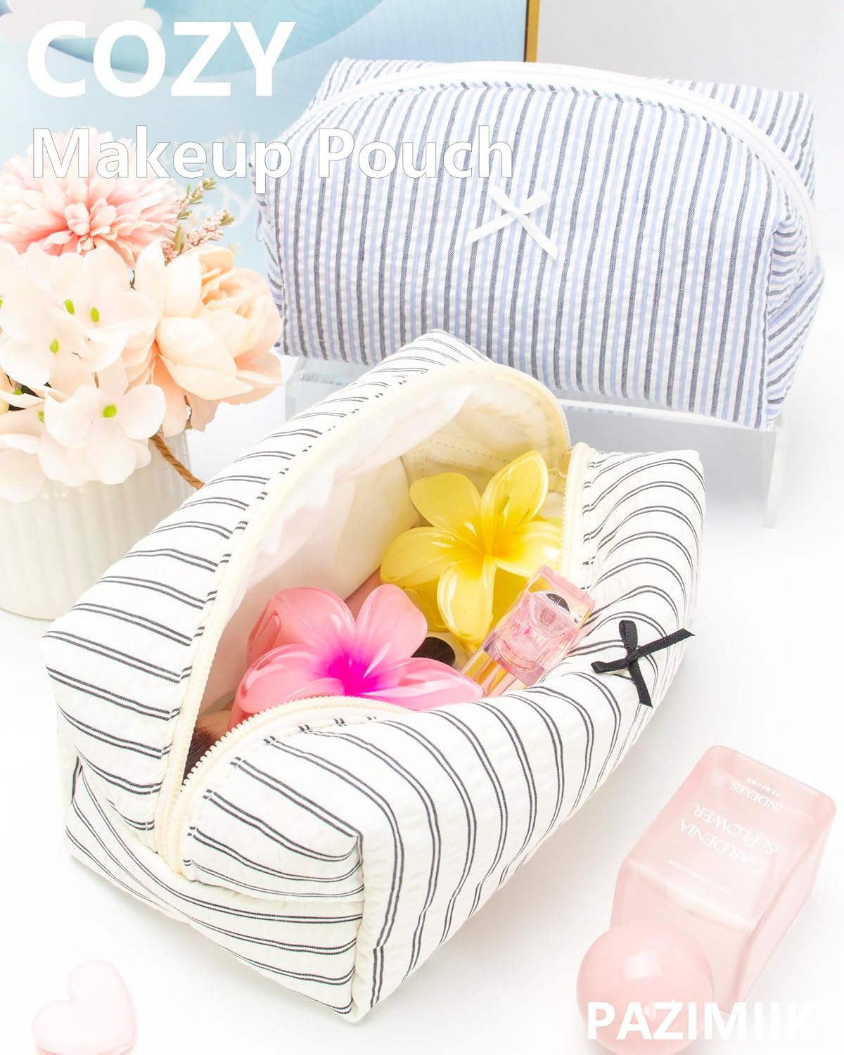 PAZIMIIK 6PCS Cozy Makeup Bag Small Aesthetic Travel Zipper Cosmetic Pouch for Women Make Up Beauty Accessories Brushes, Stripe Black