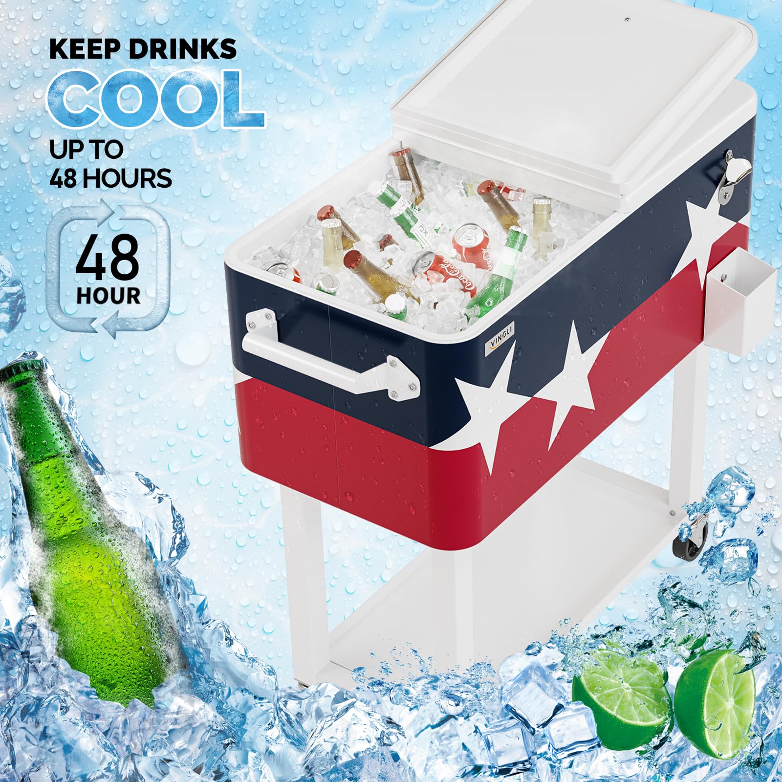 VINGLI 80 Quart Rolling Ice Chest, Portable Patio Party Bar Drink Cooler Cart, with Shelf, Beverage Pool with Bottle Opener