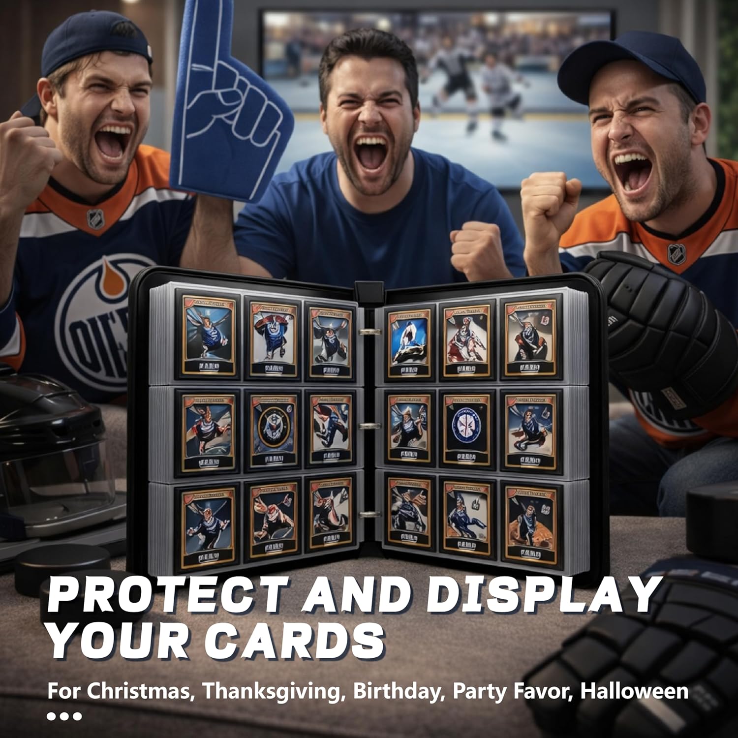 Hockey Card Binder with Sleeves, 9-Pocket Portable Card Protectors Album Holder Book with Zipper, Fits 900 Cards with 50 Removable Sleeves, Hockey Cards Display Storage Carrying Case