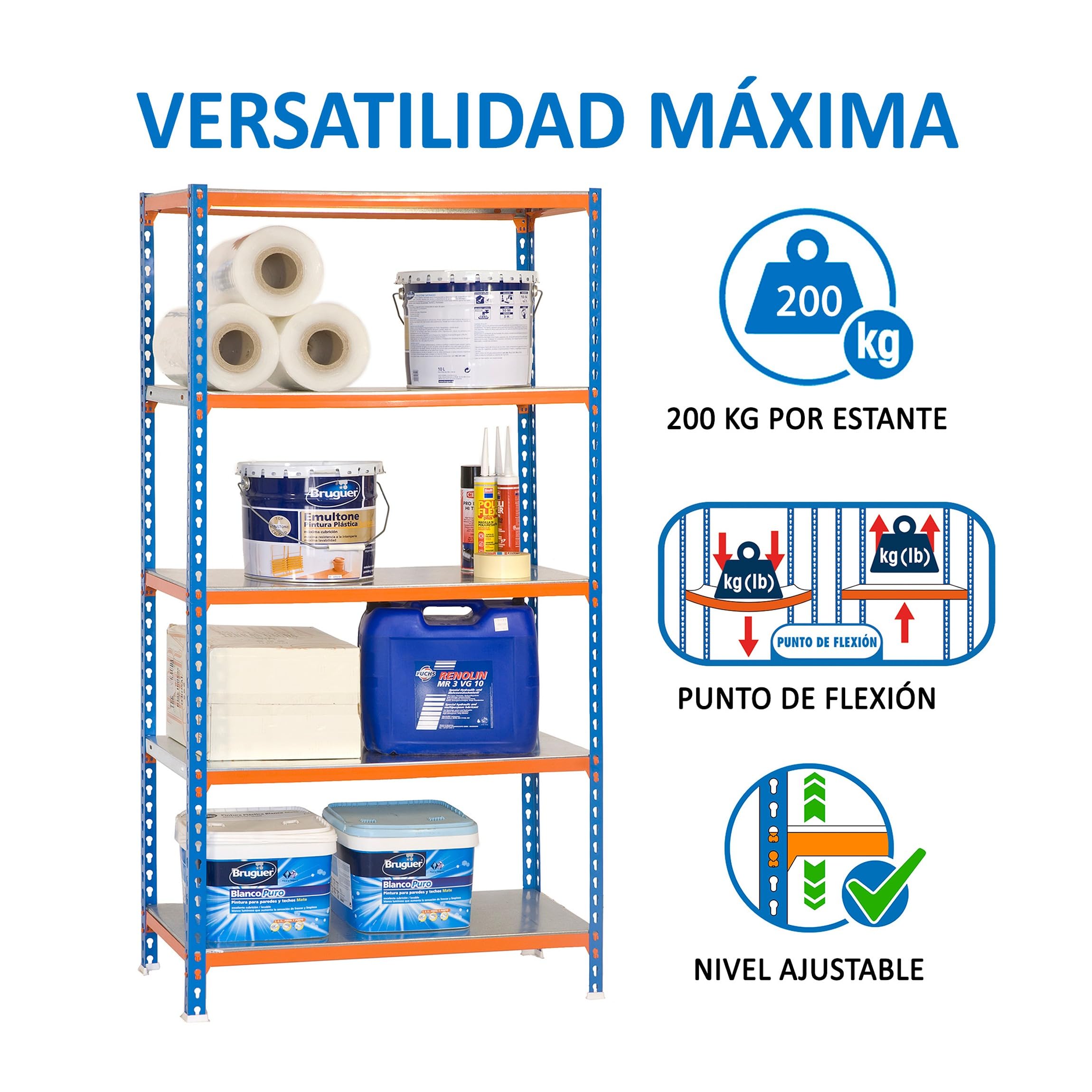 SimonRack Estanteria Metalica, 5 Baldas Ajustables, 200 kg de Punto Flexión, 2000x1100x500 mm, Estantería Almacenaje, Sin tornillos, Azul/Naranja/Galva - Simonclick | 5 Alturas, Bandeja Metal, 200 kg de Punto Flexión, Azul/Naranja/Galva, Pintura anticorro