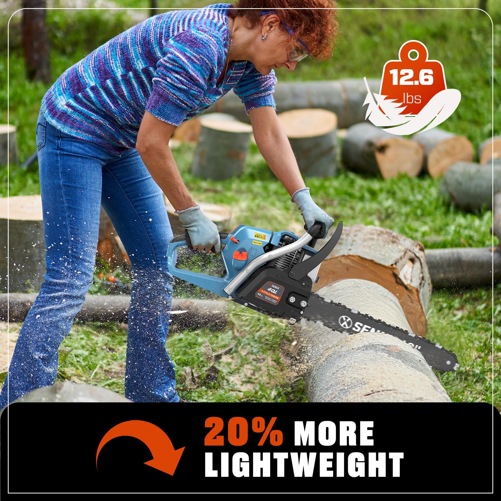 SENIX 4-Cycle 18-Inch Gas Chainsaw | 49cc Cordless Chain Saw for