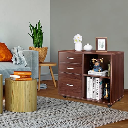 Miniatura 6 de ZenStyle Archivador de madera de 3 cajones archivador lateral móvil se adapta a tamaño A4 o carta soporte de impresora enrollable con estantes de