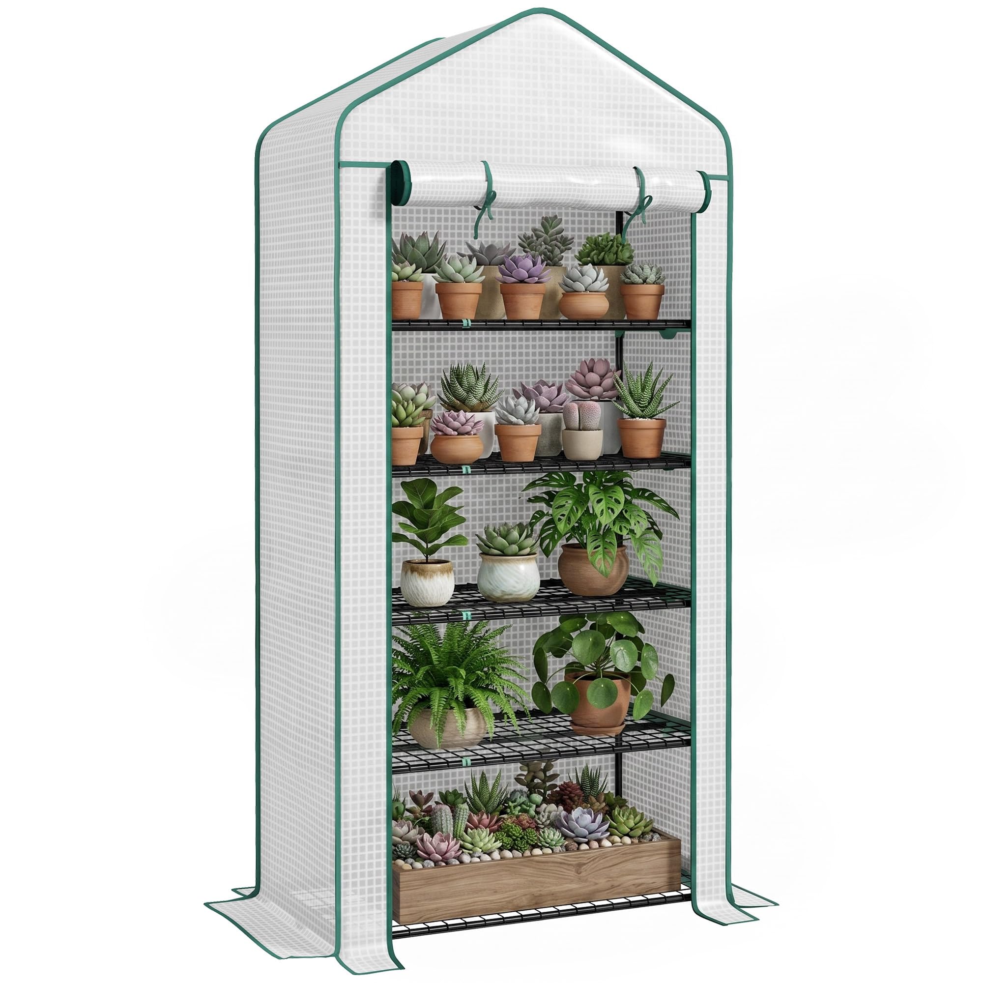Outsunny 5 Tier Widened Mini Greenhouse with Reinforced PE Cover, Portable Indoor Outdoor Green House with Roll-up Door and Wire Shelves, 90 x 49 x 193cm, White
