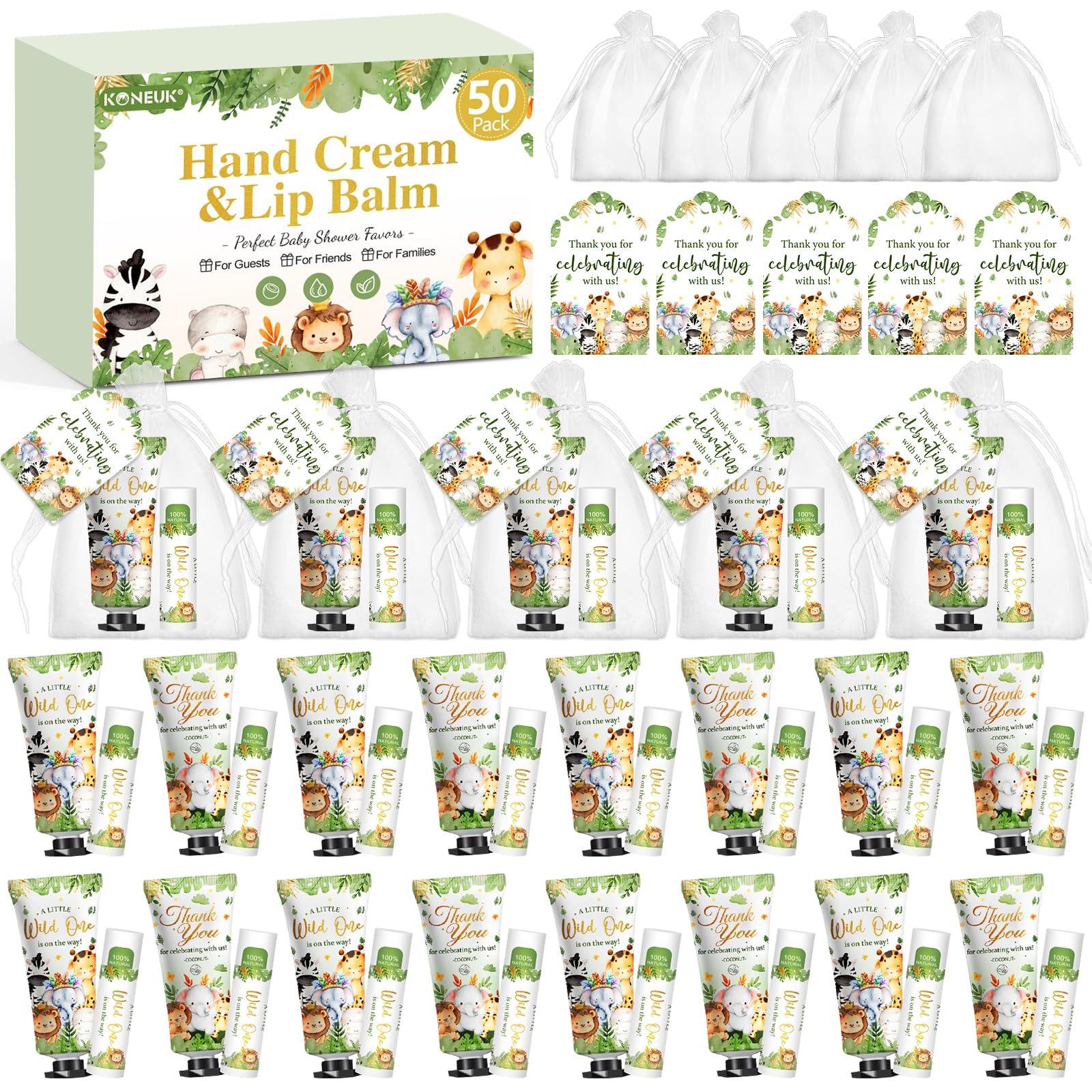 50 Pack Bulk Hand Cream and Bulk Lip Balm Gifts Sets, Baby Shower Favors and Bridal Shower Favors for Guests with Thank You Card and Organza Gift Bags