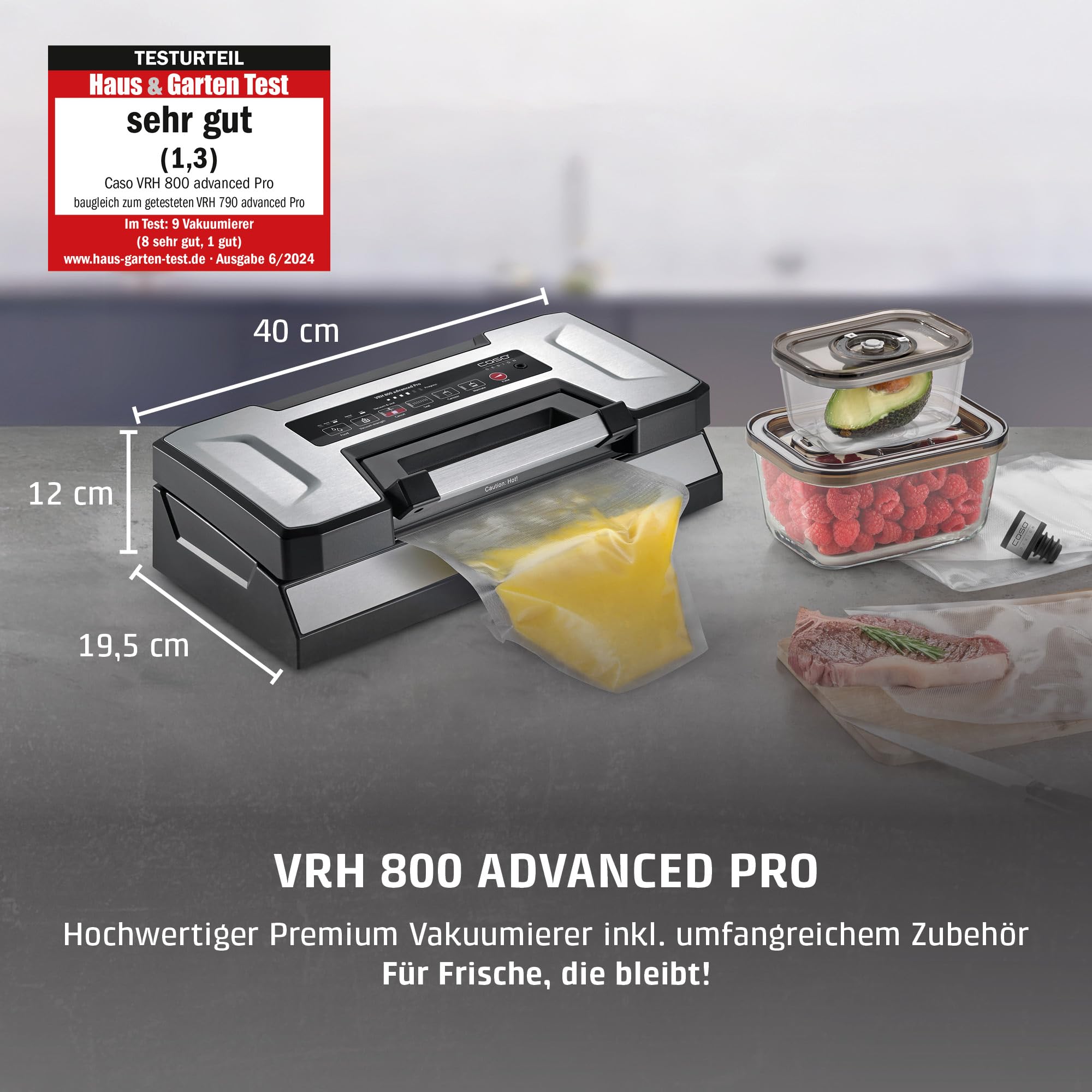 CASO VRH 800 Advanced Pro Vakuumierer, 20 l/min Doppelkolbenpumpe, -0,9 bar, Doppelnaht 30 cm, Edelstahl