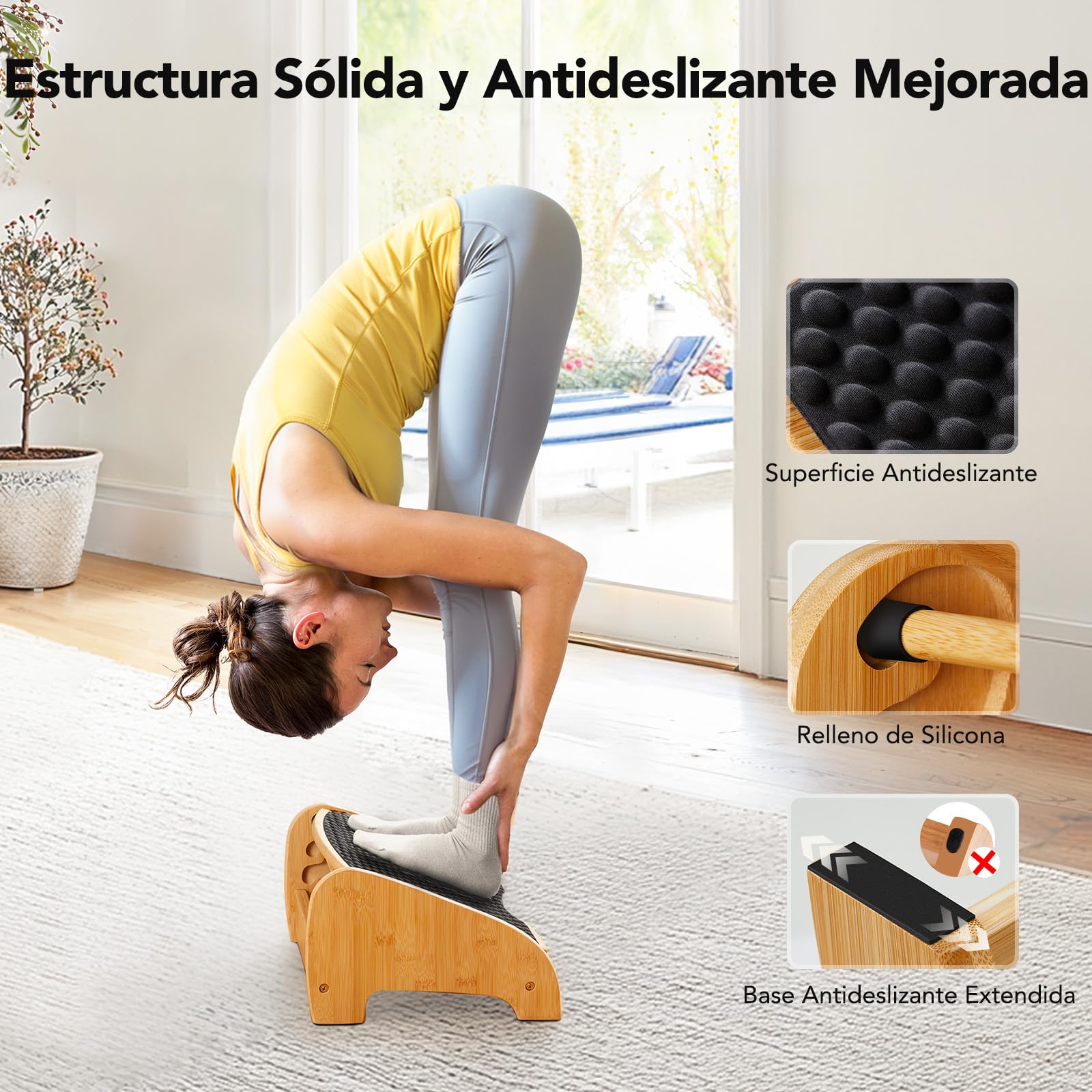 Reposapiés Debajo Escritorio bambú HUANUO, Reposa Pies Ergon con 4 Opc Alt y Áng Adjust, Superf Masaje con Text Guijar, ReposapiésAntidesl debajo Escritor Trabajo para Mejorar Postura, Hogar y Oficina