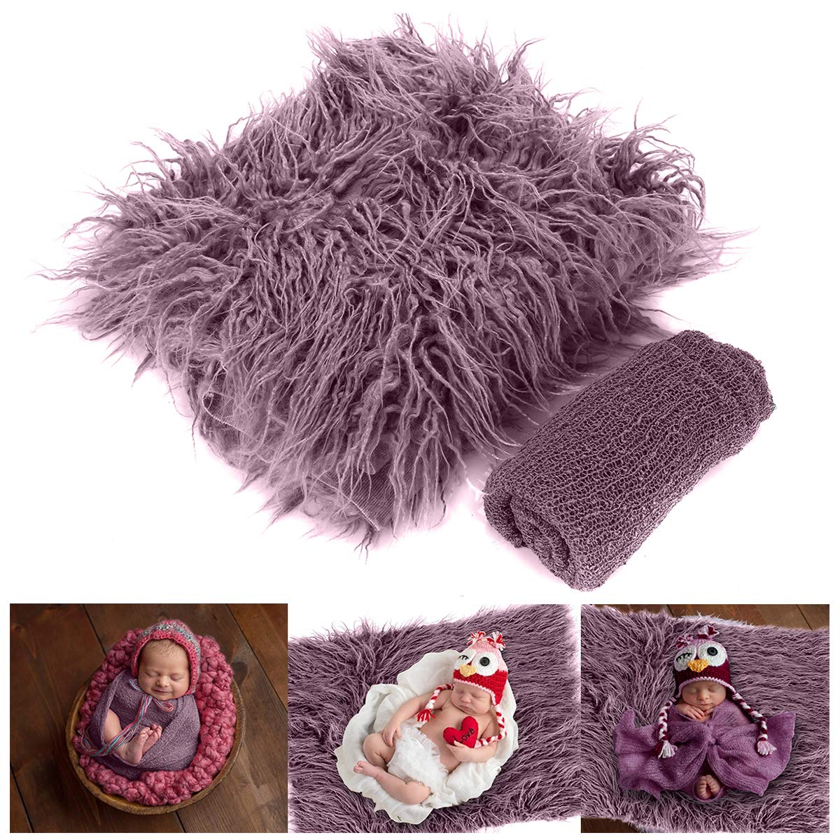 Set 2 Accessori Fotografia Neonati - Coperta In Pelliccia E Involucro Ondulato Per Foto