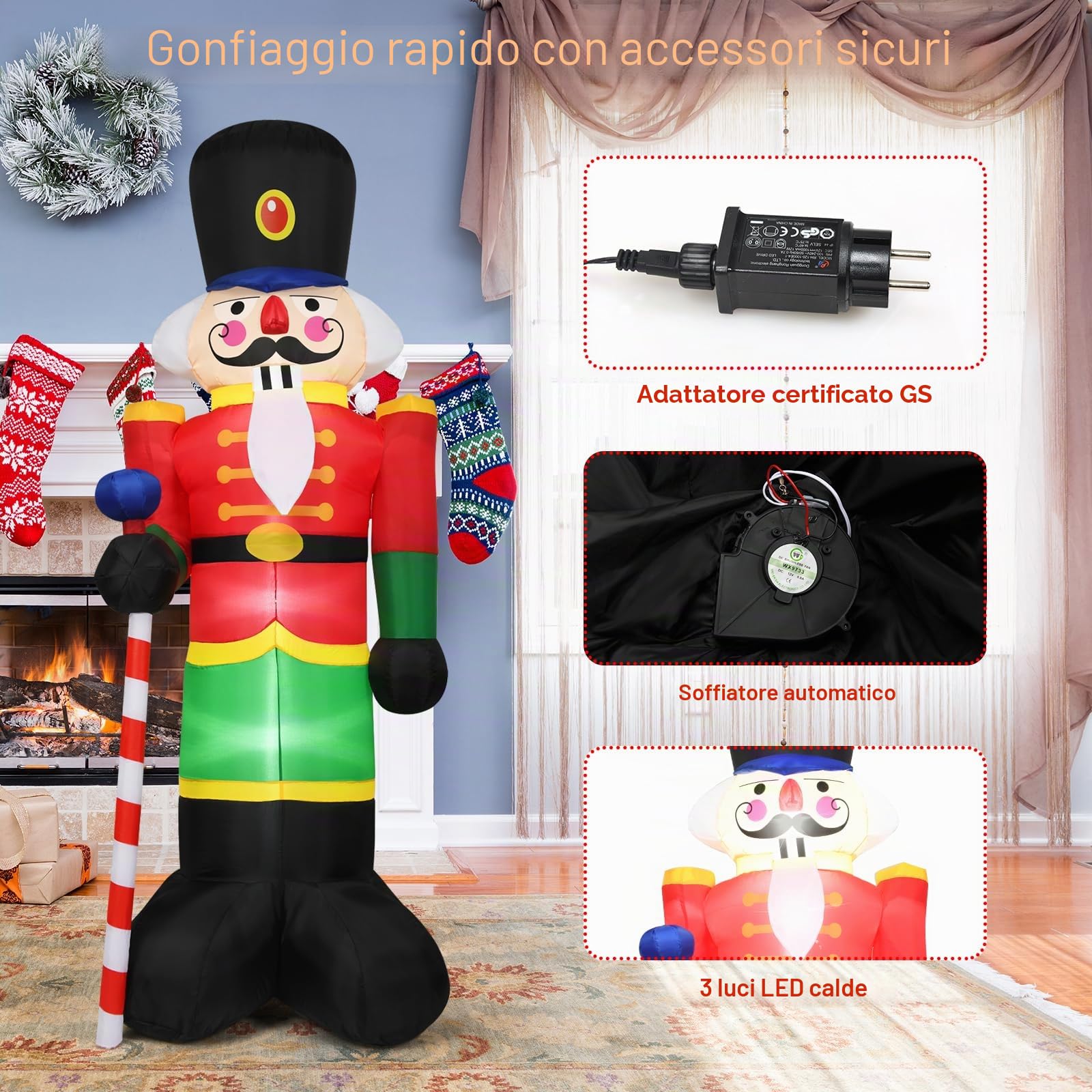 KOMFOTTEU Schiaccianoci gonfiabile, soldato, 240 cm, classica decorazione natalizia con 3 luci integrate, statuetta natalizia gonfiabile con ventola, schiaccianoci di Natale, per interni ed esterni