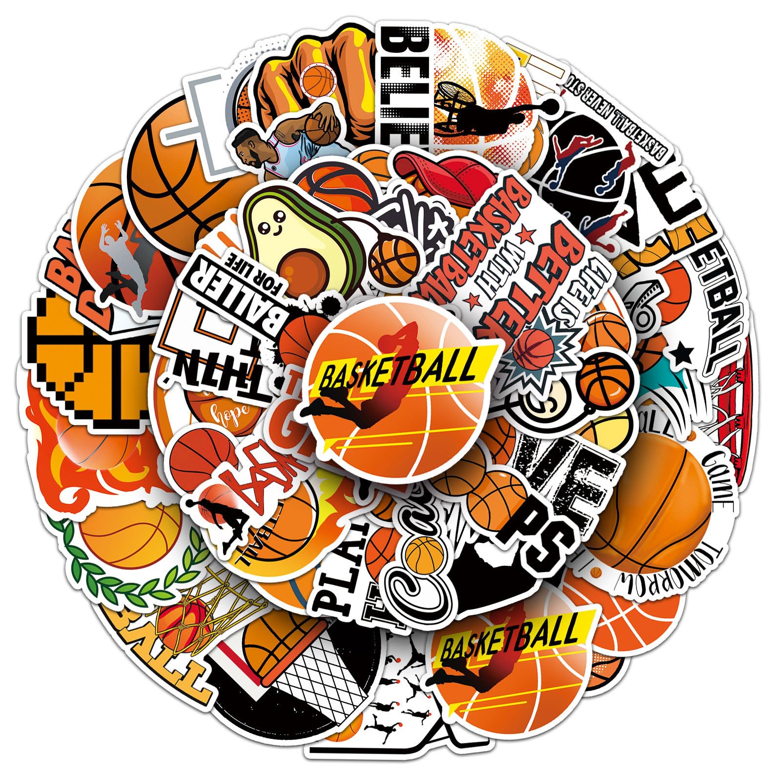 50Pcs Basketball Sport Stickers, Cool Sport Basketball Waterproof Vinyl Decal for Adult Teen Kids Boy Student Notebook Water Bottle, Laptop, Luggage, Phone, Skateboard, Helmet, Guitar, Scrapbook