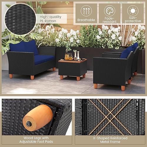 Miniatura 5 de HAPPYGRILL Juego de 4 piezas de mimbre para patio, silla de ratán de polietileno y otomana con cojines extraíbles, mesa de centro de almacenamiento,