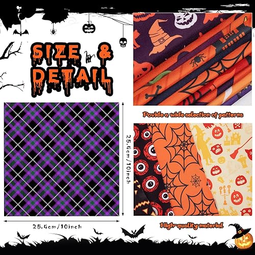 Miniatura 3 de Paquete de 60 piezas de tela de poliéster de Halloween de 10 x 10 pulgadas, paquete de tela de poliéster con diseño de murciélagos, calabaza,