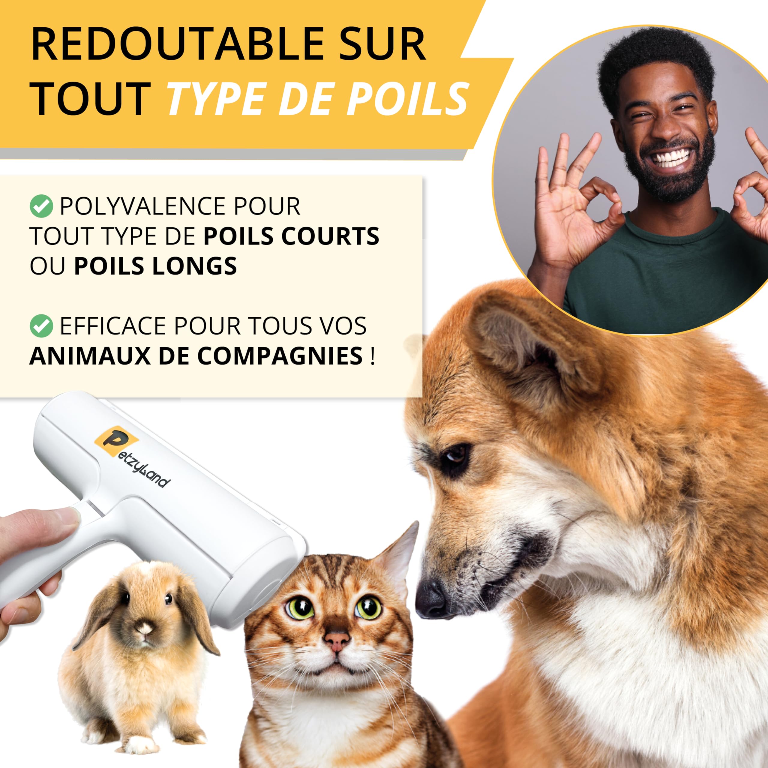 Brosse Anti-Poils Pour Chat et Chien - Autonettoyante Pour Poil Court ou Long - Rouleau Idéal Pour Animaux