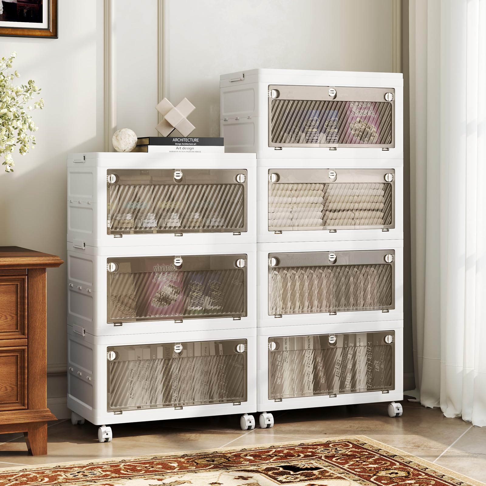 GOPLUS Caja de Almacenamiento Plegable con Tapa 126 L/168 L, Cajones de 3 Vías de Apertura, Organizador Apilable con Ruedas para Dormitorio Guardarropa, Almacenaje para Ropa Zapatos (4 Niveles)