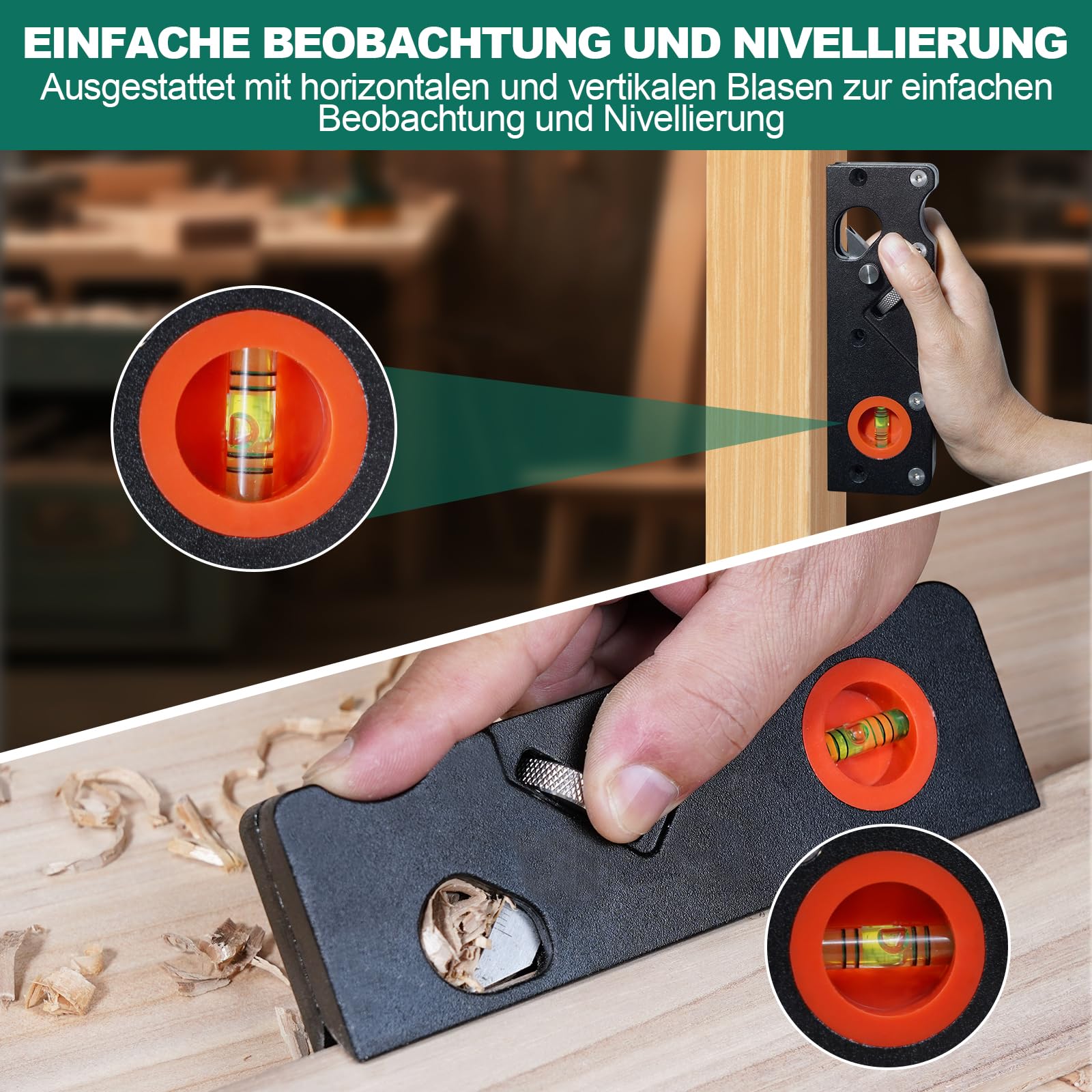 HYCHIKA Hobel Holz, Holz Kantenhobel für Holz, Fasenhobel für Holzbearbeitung, Kantenhobel mit 4 Schneidköpfen 45°/3/5/6mm, Ortungsblasen, Einhandhobel für Holzbearbeiter, Tischler, Schreiner