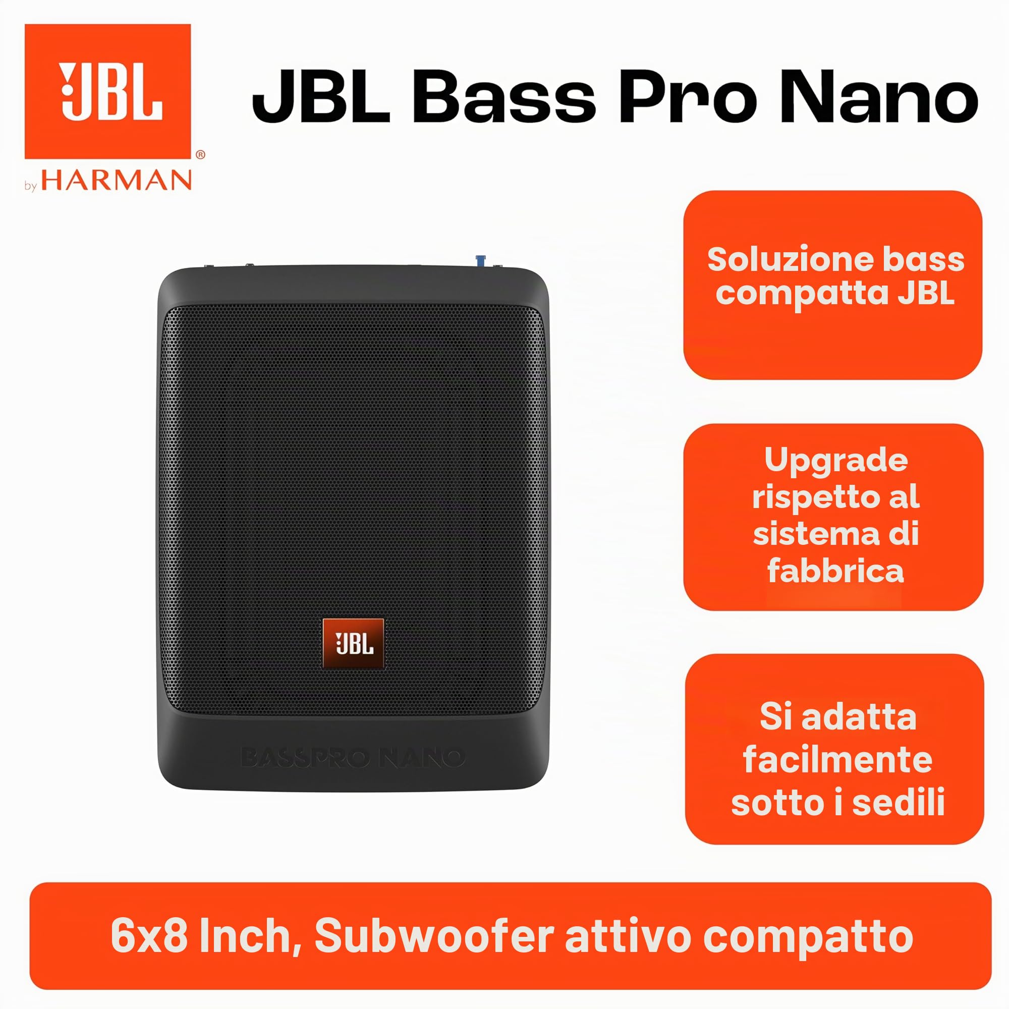 JBL BassPro NANO Subwoofer Attivo Auto Sotto il Sedile Ultracompatto 6" x 8" - Cassa JBL Subwoofer Auto Amplificato Sottosedile da 200 Watt
