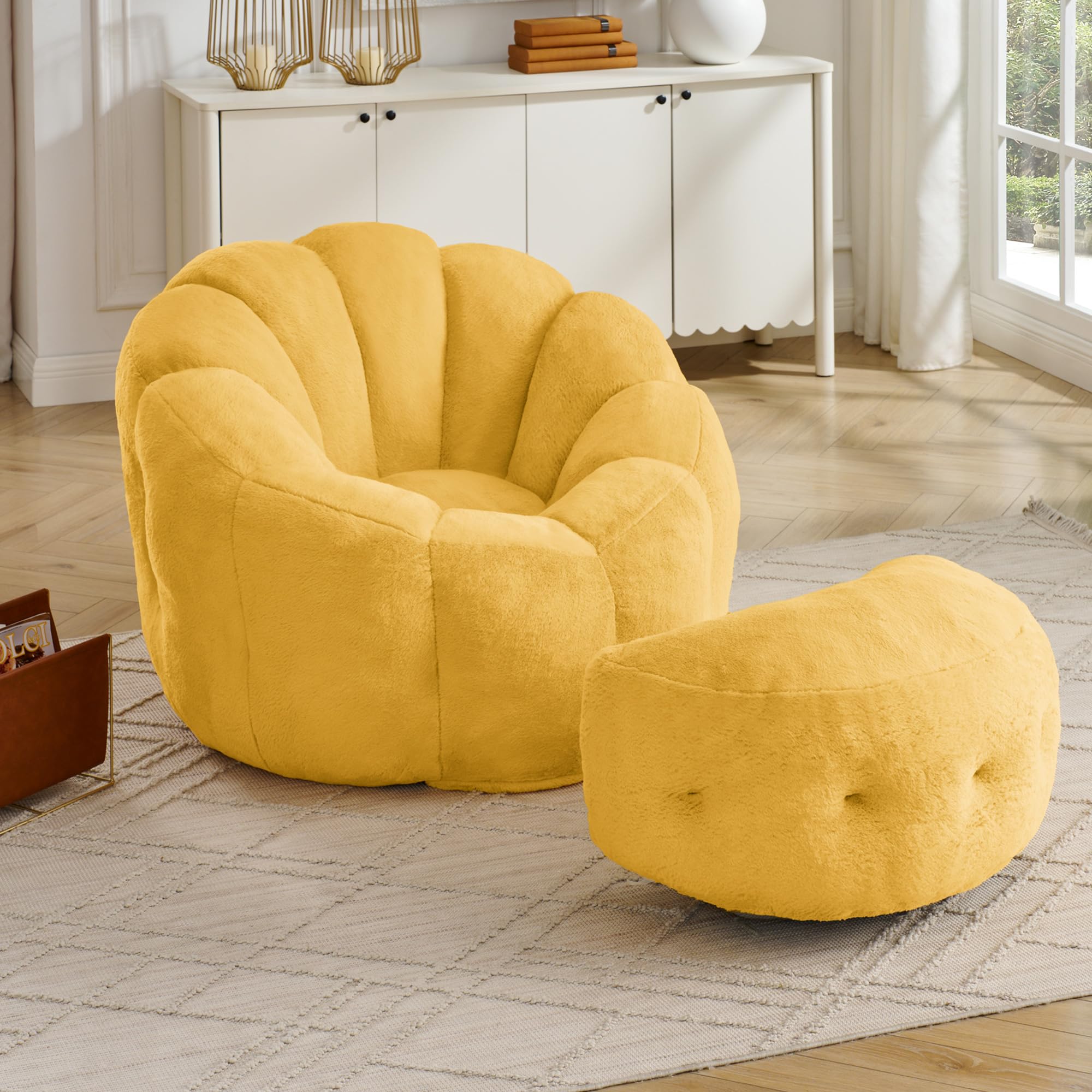 Mofolit Flower Bean Bag Chair with Ottoman for Adults,Large Beanbag Chair with Artificial Rabbit Fur Fabric,Floor Sofa for Living Room,Reading Room