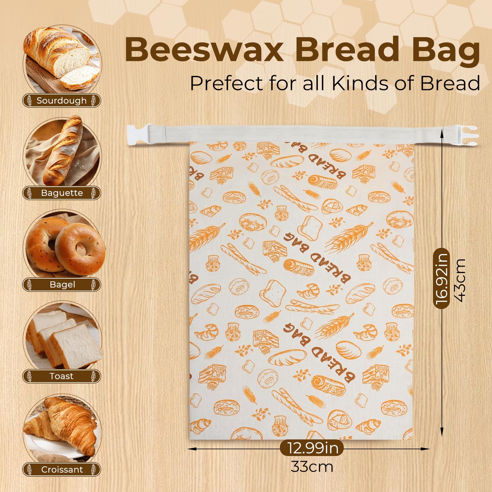 Confezione da 2 sacchetti riutilizzabili per pane di cera d'api, 44 cm x 33 sacchetti di cotone rivestiti in cera d'api naturale, per la conservazione di lievito e pane fatto in casa