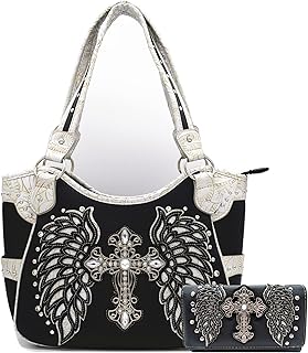 Western Style Rhinestone Cross Studded Laser Cut Wings Tooled Leather Purse Women Handbags Country Shoulder Bag Wallet Set