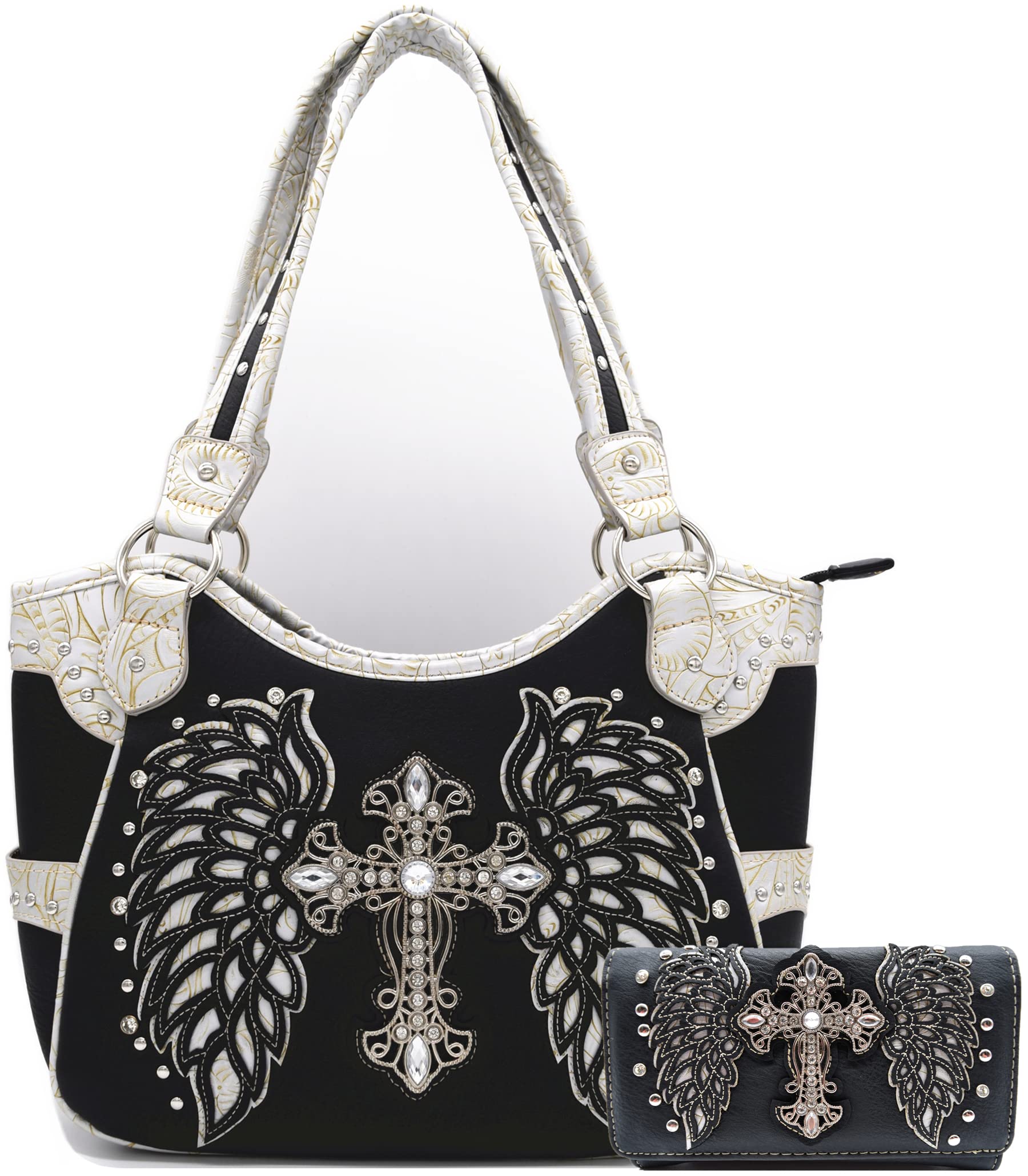 Western Style Rhinestone Cross Studded Laser Cut Wings Tooled Leather Purse Women Handbags Country Shoulder Bag Wallet Set