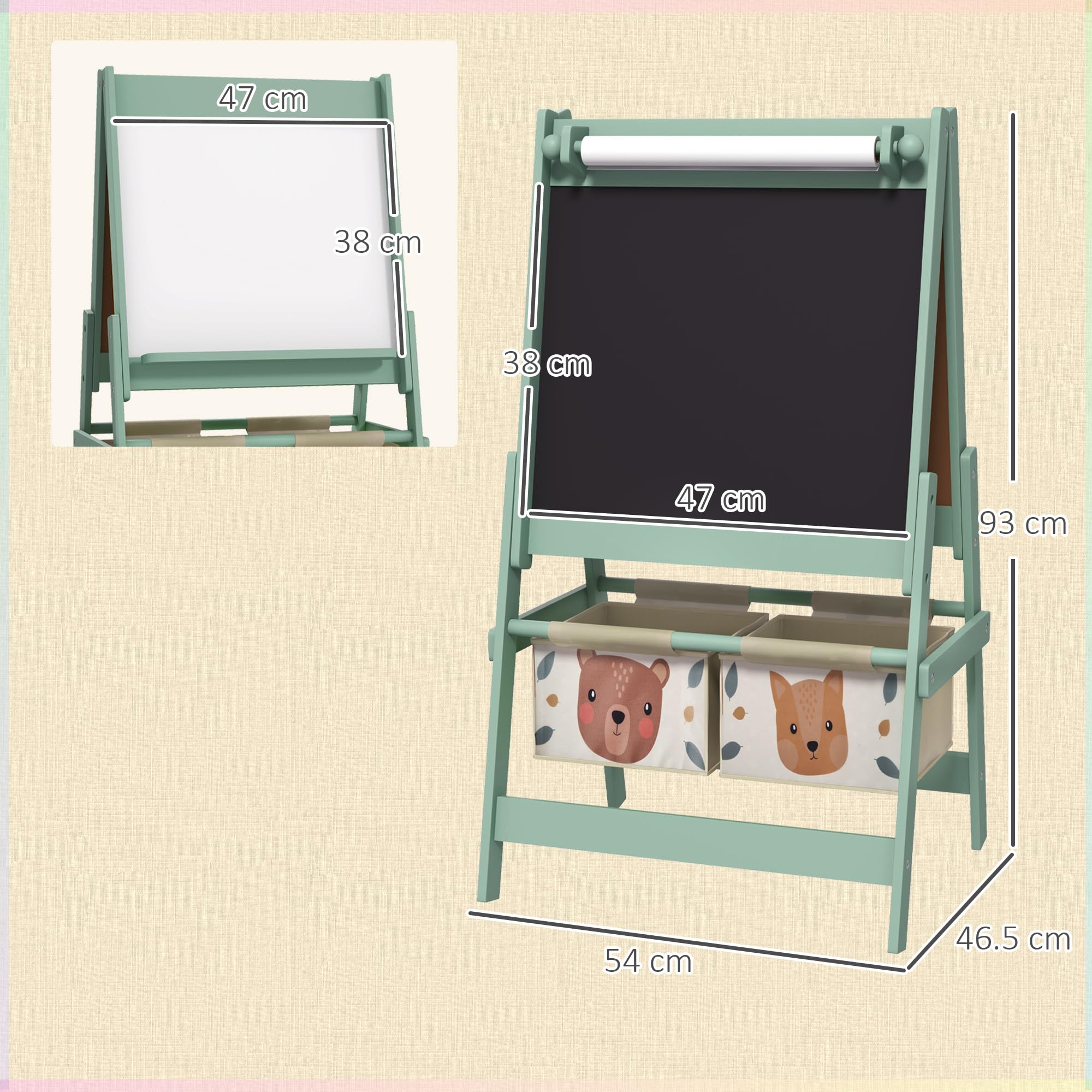 AIYAPLAY Lavagna per Bambini Cancellabile a Doppia Facciate con Rotolo di Carta e 2 Contenitori, Lavagna Bianco, Nero con Cavalletto Artistico in Legno per Pittura e Regalo, 3-8 Anni, Verde