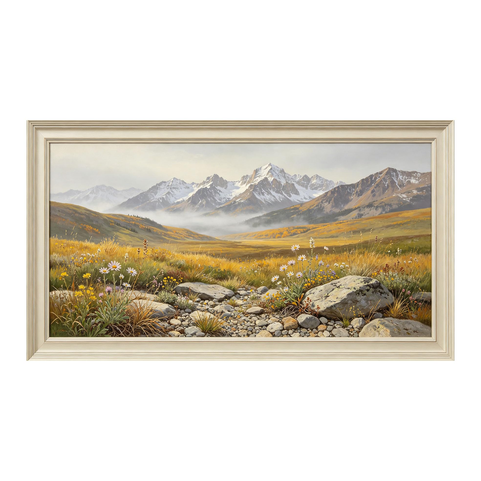 Yzpallescene 3D Framed Wall Art 50cm×100cm Snow Mountain Meadow Wildflower Panoramic Oil Painting Large Size SelfAdhesive Removable Wall Decor Prints Artwork for Living Room Bedroom Office
