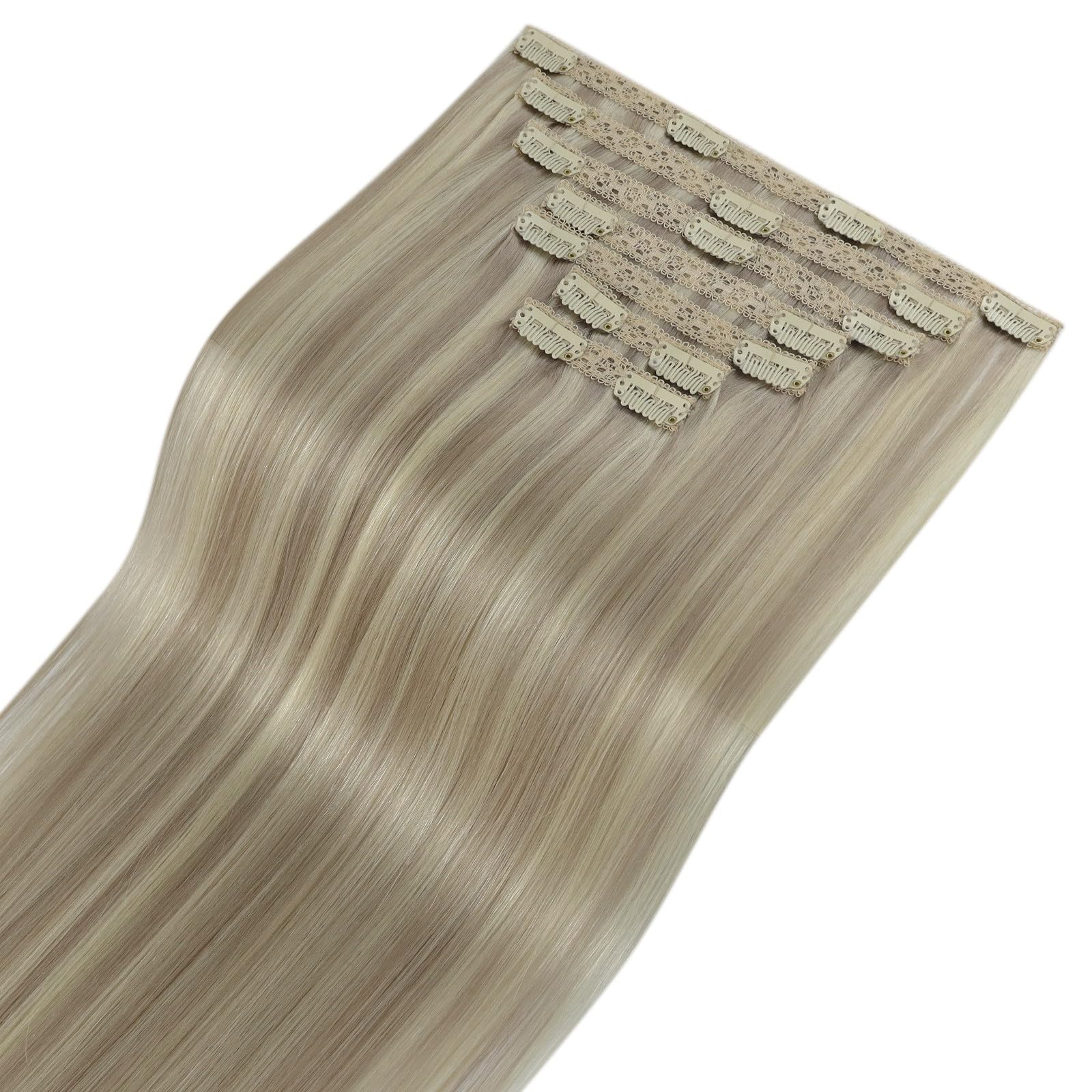 Echthaar Extensions Clip, Aschblond mit Platinblonden Strähnen, 45 cm, 120 g 7 Stücke, Unsichtbares Design, Clip Extensions Echthaar, Farbe 18P613