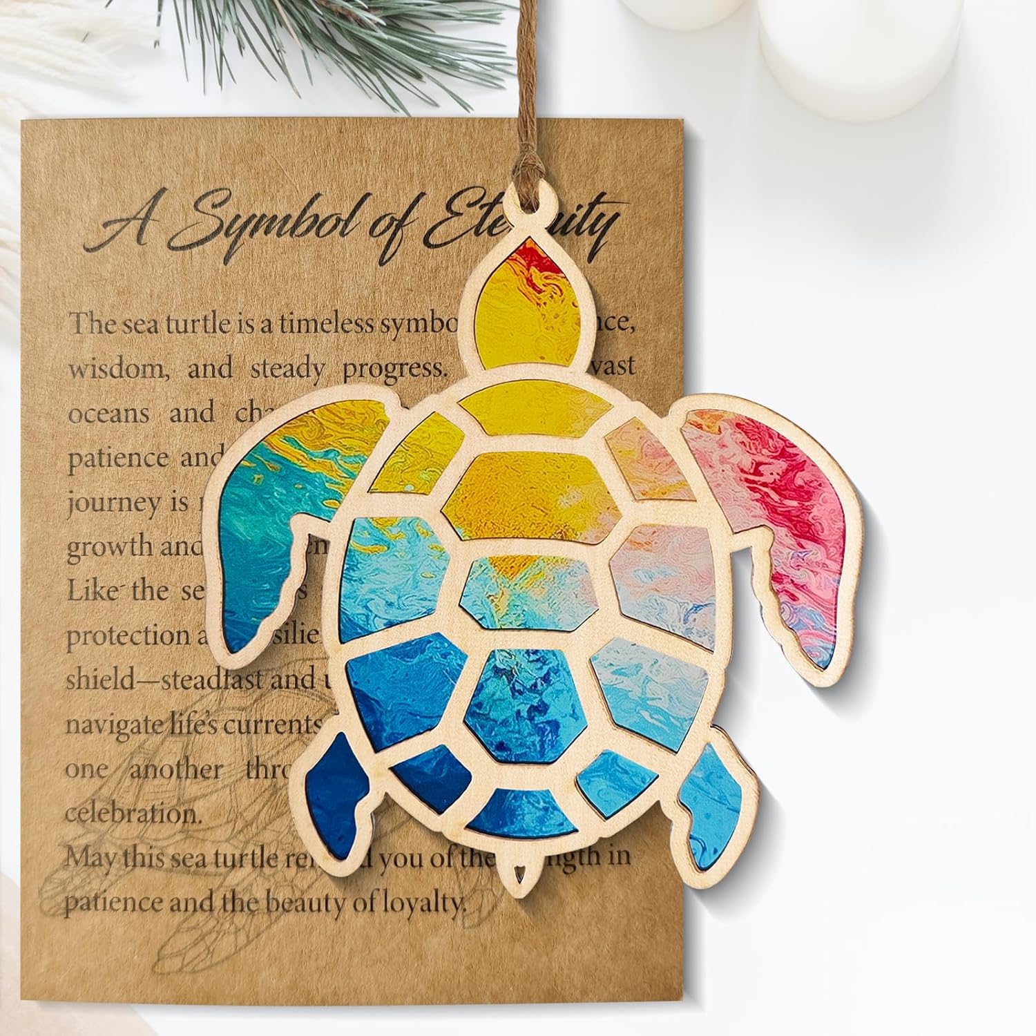 Sea Turtle Gifts for Women, Wooden Turtle Ornament with Stained Glass Style Acrylic, Ocean Theme Decor and Coastal Gifts for Friends and Beach Lovers, Sea Turtle Decor for Christmas Tree (Colorful) - Image 7