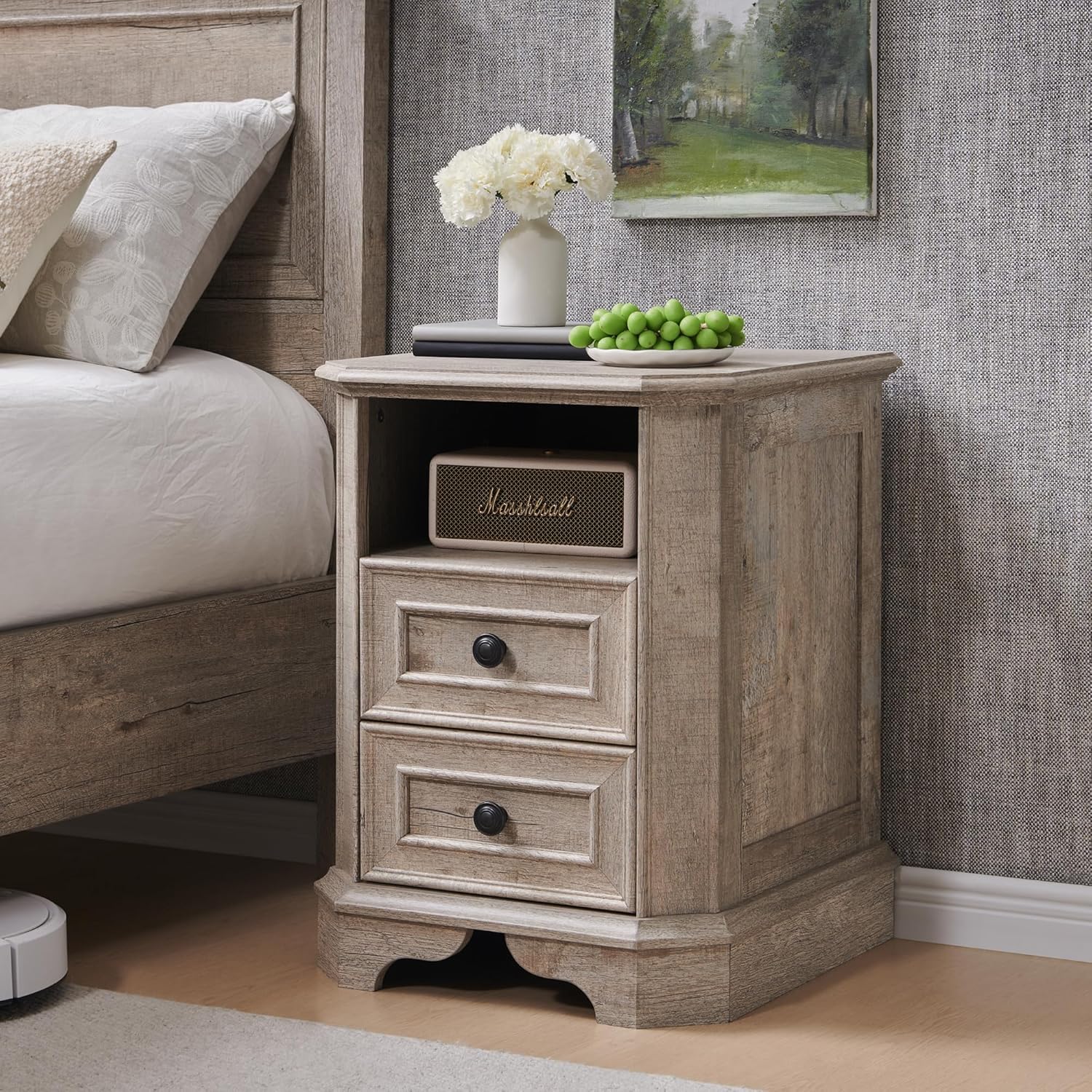 Comodino in stile rustico con stazione di ricarica, 45 cm, con 2 cassetti, in legno, per camera da letto e soggiorno (rovere rustico chiaro)