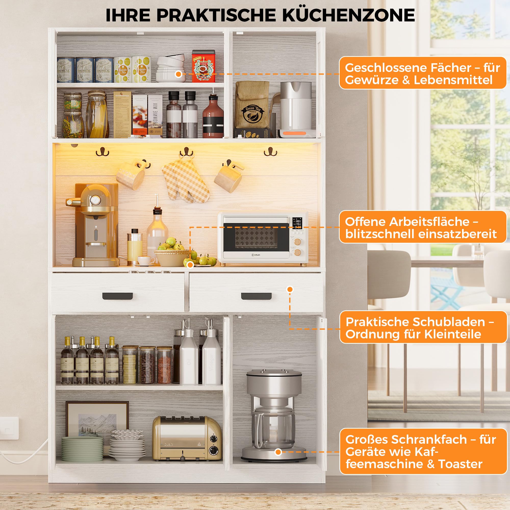 IRONCK Hocher Küchenschrank mit LED Beleuchtung & Steckdose USB Ladeports, Buffetschrank mit Arbeitsplatte 2 Schubladen Magnettüren Sideboard für Kaffeebar Küche Wohnzimmer Esszimmer 180x110x38cm Weiß