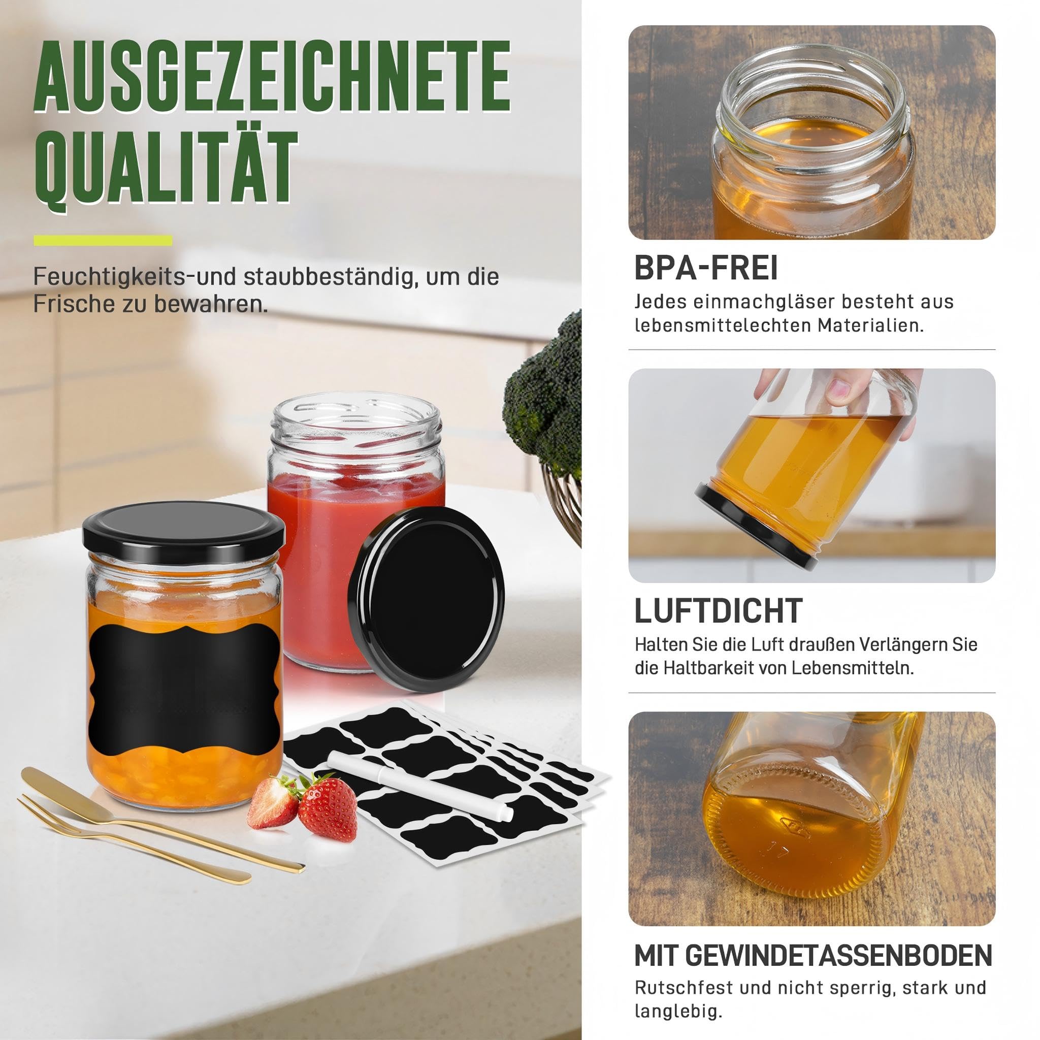 YRHome 350 ML con coperchio, barattoli per marmellata, 24 pezzi, con etichette, penna, spatola, per conservare alimenti, fai da te, regali, decorazioni nere