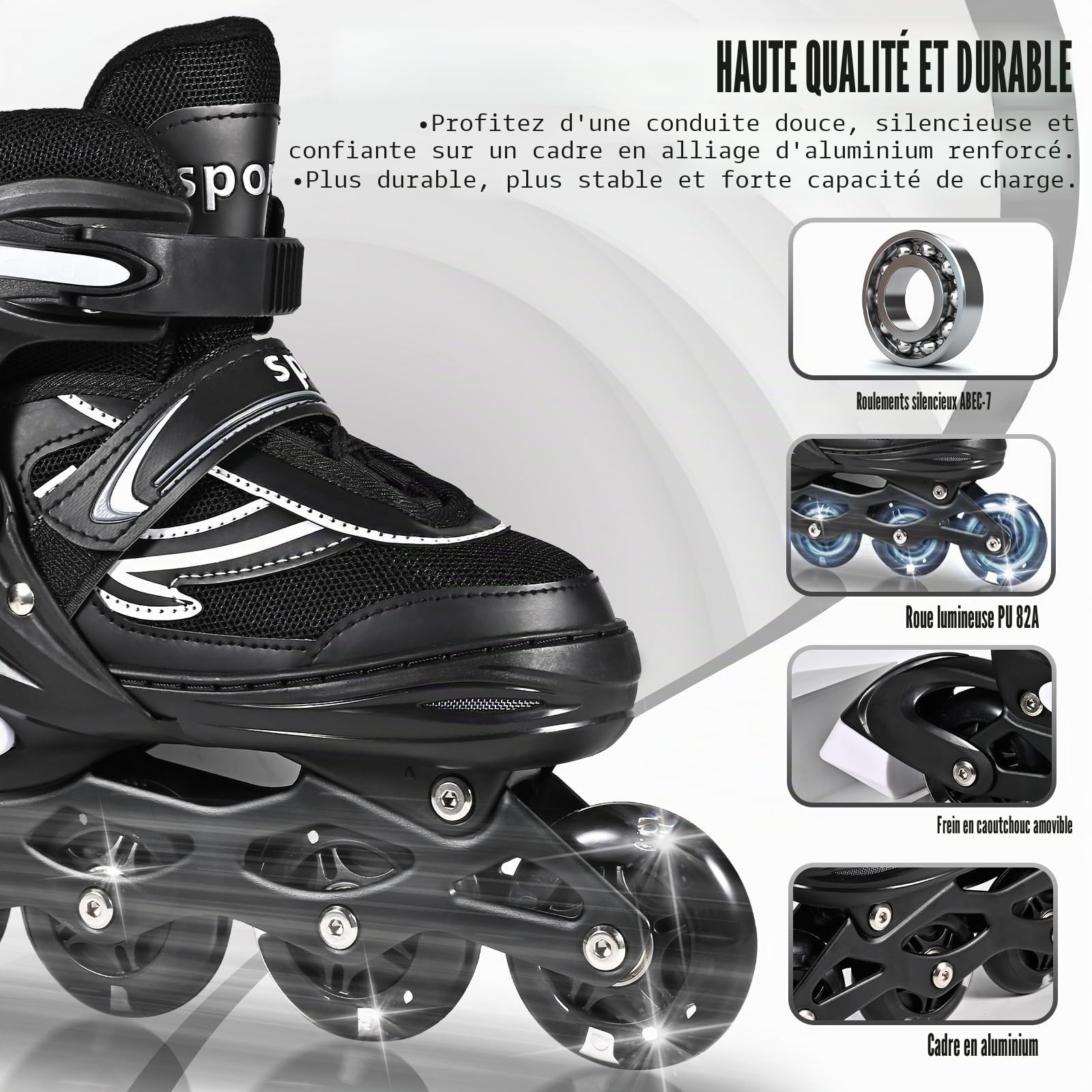 Réglables Patins à roulettes en Ligne pour garçons et Filles, Noir Blanc Patins à roulettes à 4 Roues pour Adolescents et Adultes avec Roues Lumineuses pour Les Sport