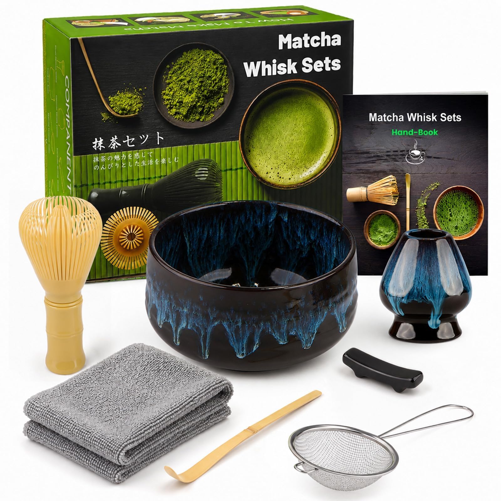 7 Pcs Matcha Whisk Set with Sand Gold Kiln-Changed Bowl, Yellow Stirrer & Complete Accessories, Authentic Tea Ceremony Supplies for Breakfast and Matcha Latte Making