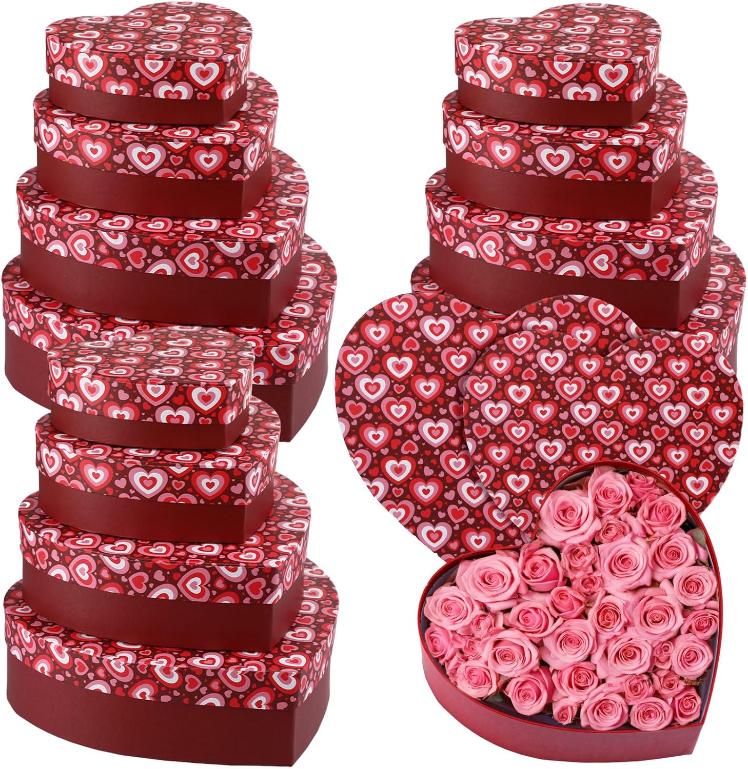 Zhanmai 12 Pcs Heart Shaped Gift Boxes Nesting Flower Gift Boxes with Lids Cardboard Treat Present Wrapping Bulk for Floral Proposal Bridesmaid Wedding Graduation, 4 Sizes(Pattern)