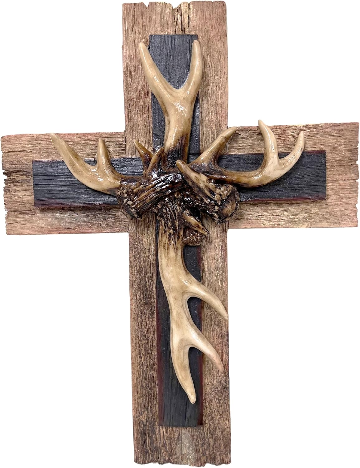 BestGiftEver Rustic Decorative Faux Antler on Realistic Wooden Wall Cross - Woodland Forest Inspired Spiritual Art Decor - Religious Home Decoration Gift Idea for Outdoor Nature Lovers