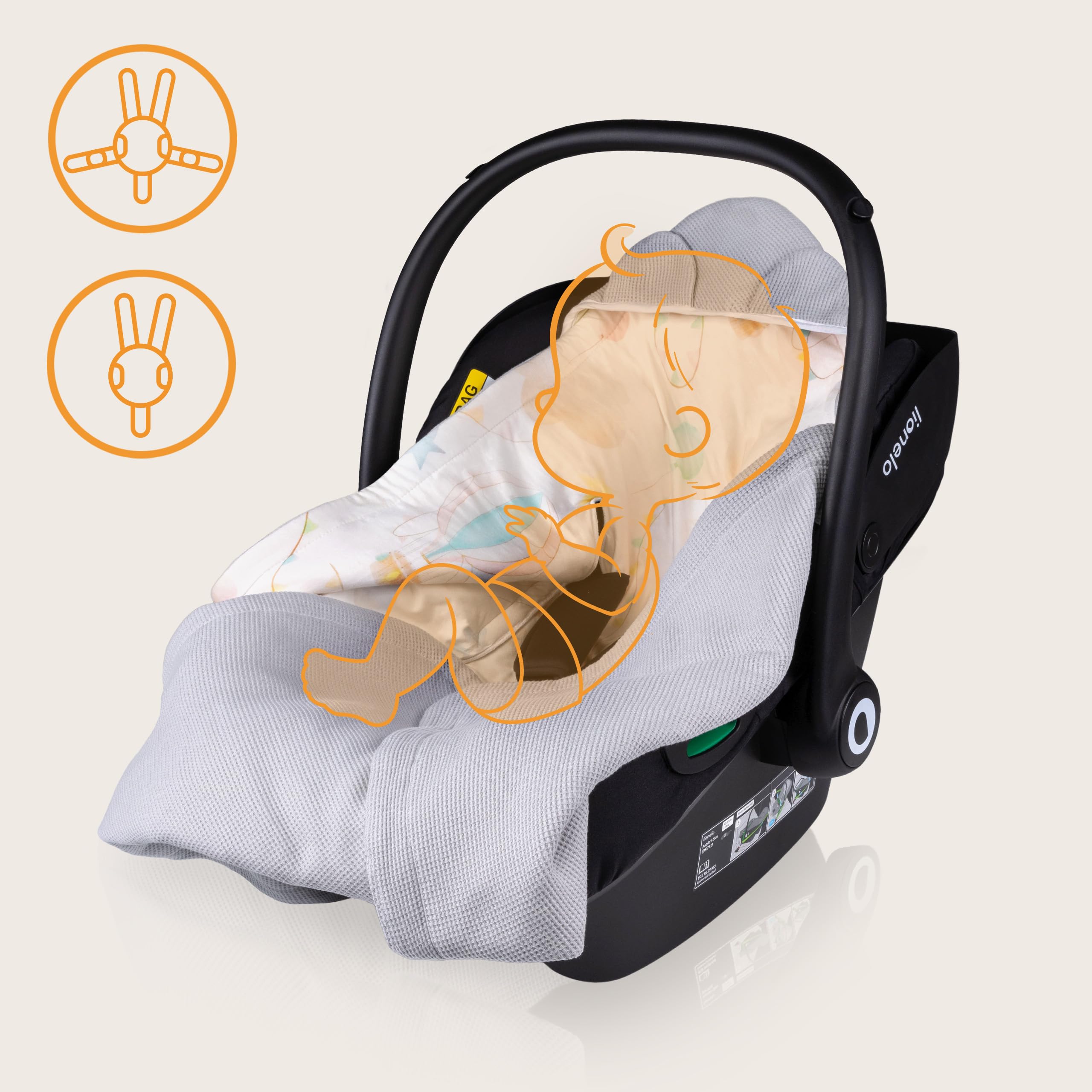 lionelo Travel Swaddle Blanket Manta para Asiento de Bebé Cálida, Portabebés y Cochecito para Todo el Año 90x90 cm Cierre de Velcro, 100% Algodón