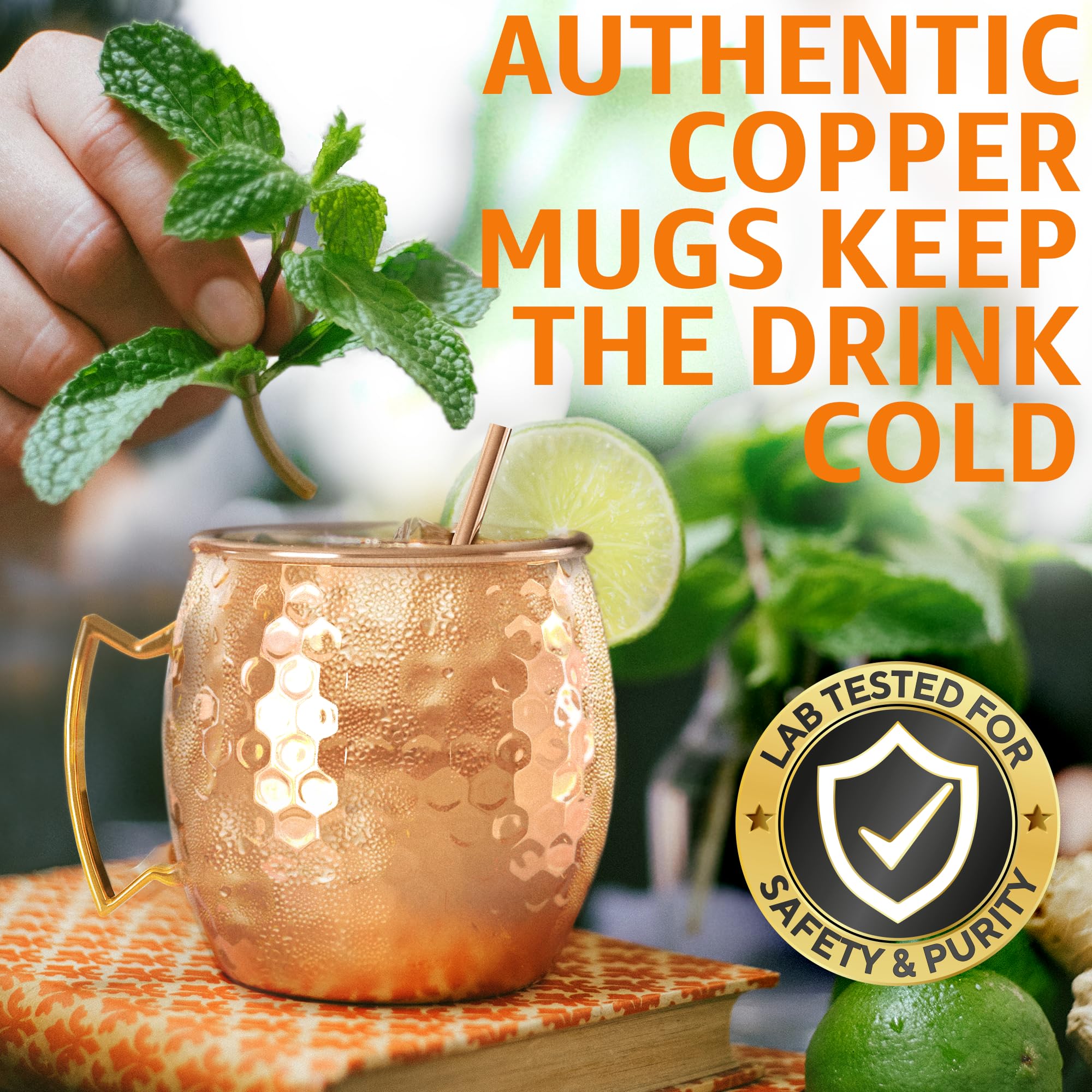 Moscow Mule - Juego de 2 tazas de cobre, 100% hechas a mano, tazas sólidas de cobre puro seguras para alimentos, juego de regalo de 16 onzas con popotes de cóctel de alta calidad, cepillo de 5
