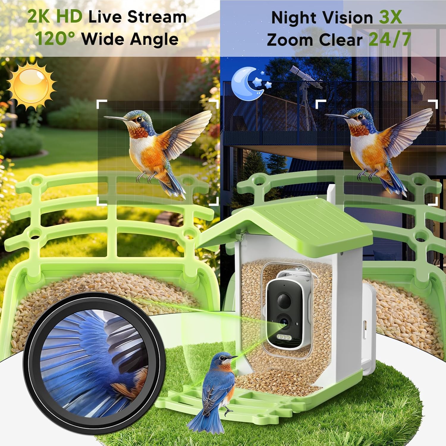 Billber Smart Bird Feeder with Camera - Solar Powered & Night Vision, 2K HD Real-Time View & Instant Alerts, Waterproof Outdoor Hummingbird Feeder, for Bird Watching Enthusiasts