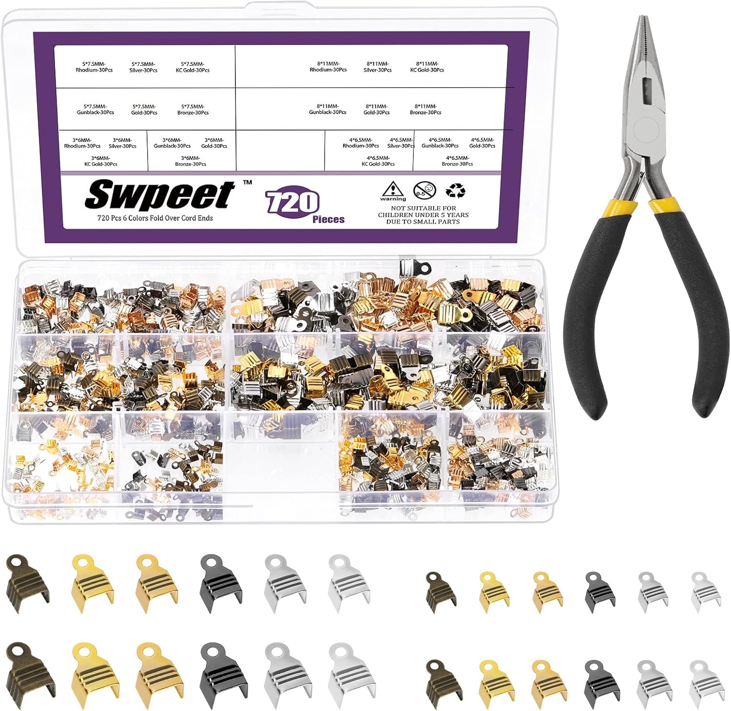 Swpeet 721Pcs 6 Colors 3mm 4mm 5mm 8mm Round Fold Over Cord Ends Cord Crimp Tips with Installation Pliers Assortment Kit, Leather Ribbon Cord End Clasp Tips Caps, Jewelry Connector for DIY Jewelry