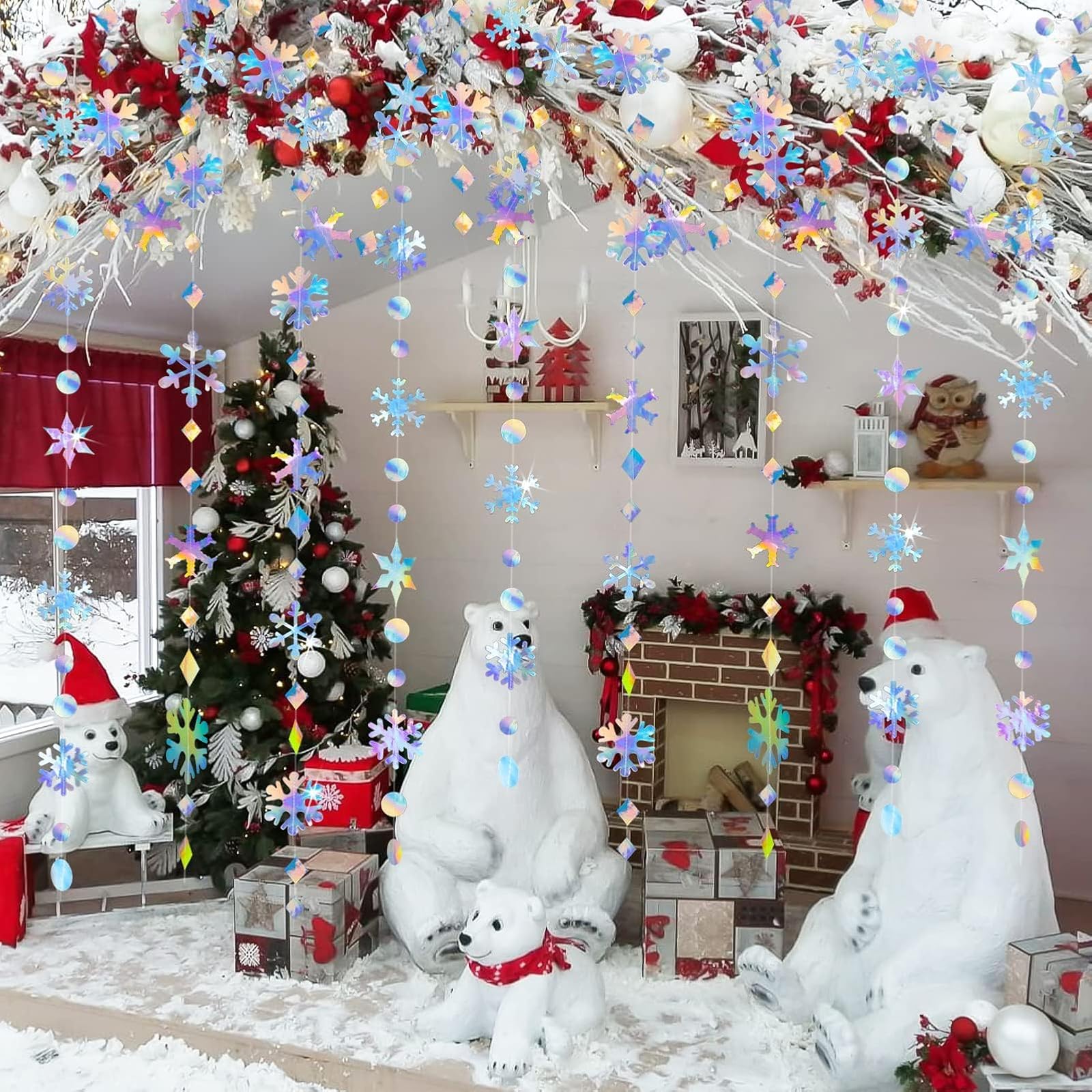 Schneeflocken-Dekoration, schillernde Schneeflocken-Girlande, 10 Stück, schimmernde, holografische Papier-Schneeflocken, Luftschlangen für schillernde Party, Weihnachten, Frozen-Thema, Geburtstag
