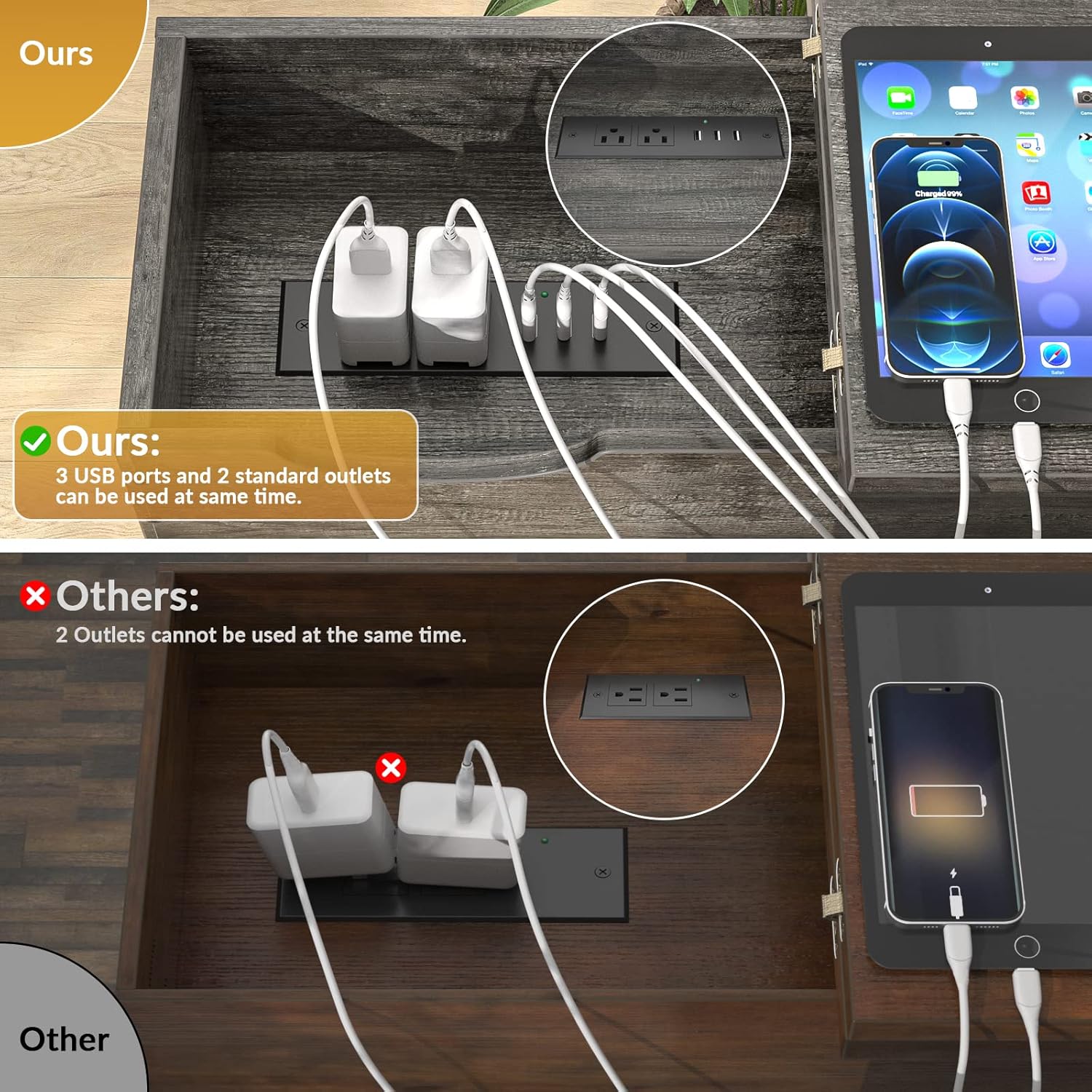 Aheaplus Sofa Side Table with USB Ports and Outlets, Narrow End Table Set of 2 with Charging Station, Bedside Nightstand with Storage Shelves, Slim Side Table for Small Space, Living Room, Metal Frame : Home & Kitchen