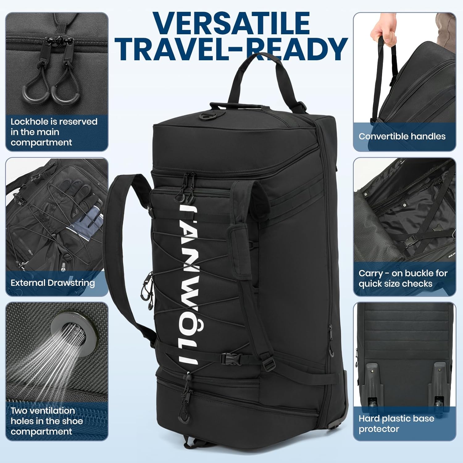 Fanwoli 85L 100L Large Rolling Duffle Bag with Shoes Compartment, 30’’ Expandable & Foldable Heavy Duty Water Resistant Travel Backpack, Convertible Foldable Duffel for Gym Camping Weekender - Image 6