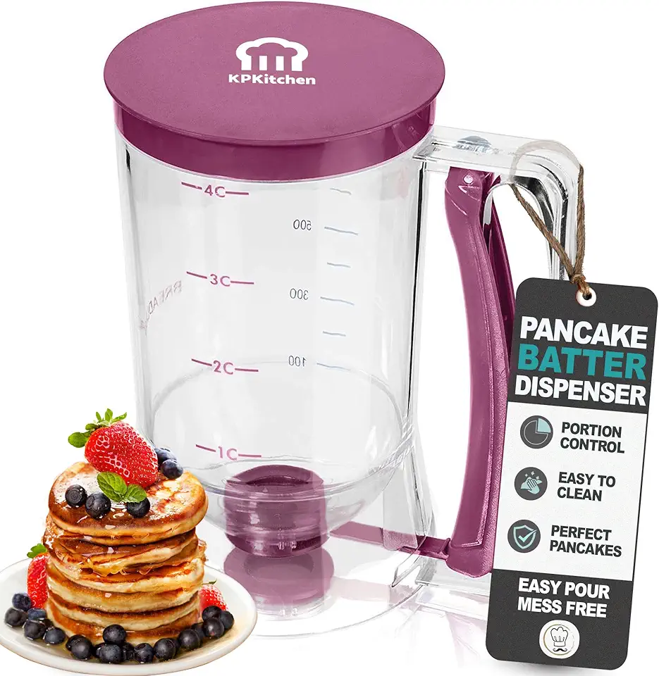 KPKitchen Pancake Batter Dispenser - Kitchen Must Have Tool for Perfect Pancakes, Cupcake, Waffle, Muffin Mix, Cake &amp; Crepe - Baking Supplies for Griddle - Pancake Maker with Measuring Label (Purple)