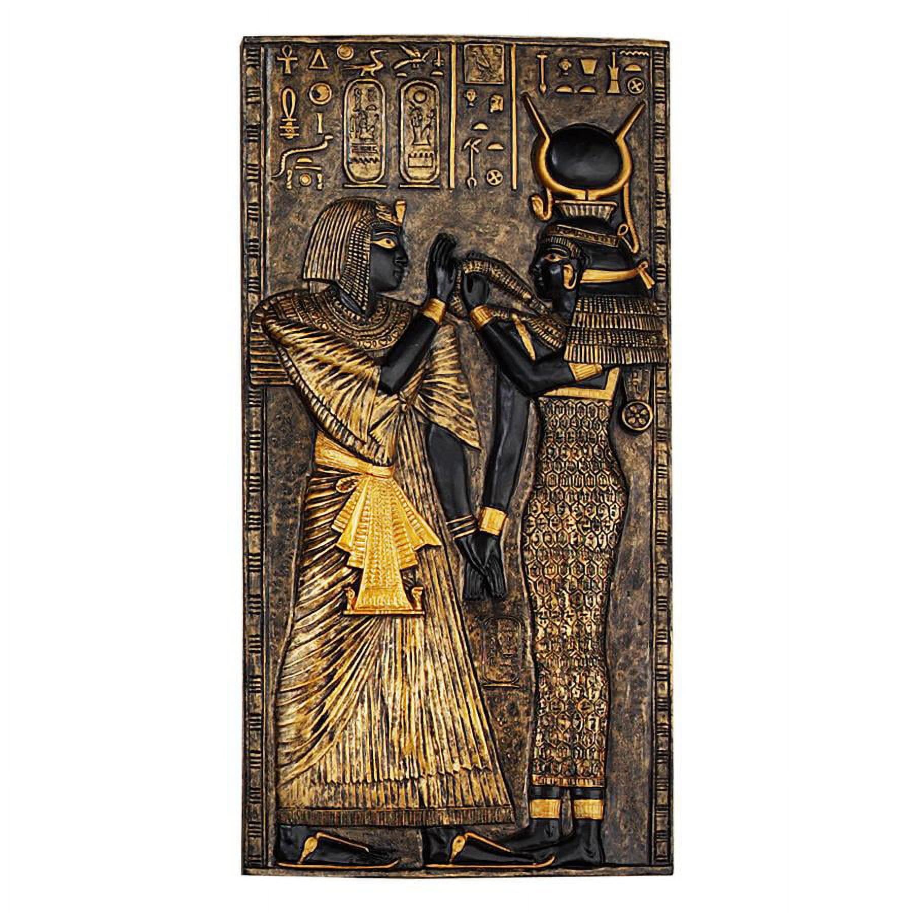 Egyptian Diety Temple Stele Plaque Wall Sculpture, 5 inches wide, 10 inches tall, Cast Stone Resin, Black & Gold Finish