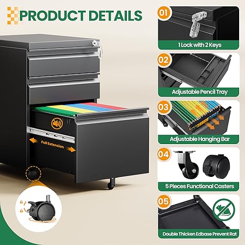 Miniatura 149 de Archivador móvil de 3 cajones con cerradura, archivador debajo del escritorio para oficina en casa, archivadores de metal sobre ruedas para archivo