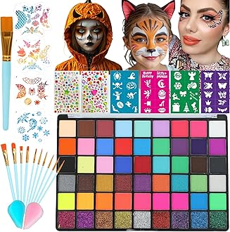 Face Painting Kit for Kids, 54 Colors Professional Face Paint Makeup Kit Non-Toxic Water Activated Facepaint Palette with Brush, Stencil, Sponge, Gem, for Party Halloween (54 Colors)